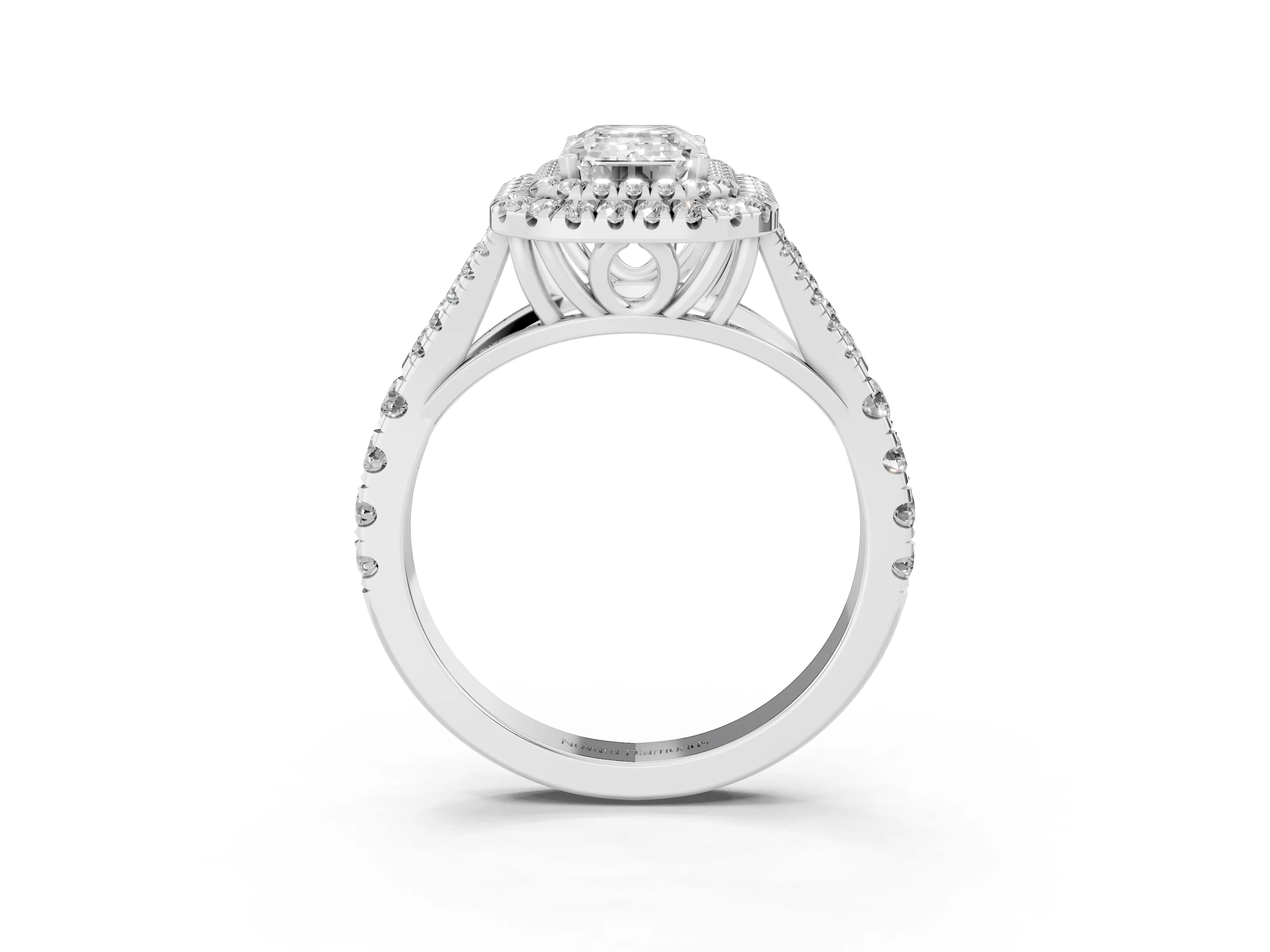 Emerald Cut Diamond Pavé Split Shank Double Halo Engagement Ring Set in White gold