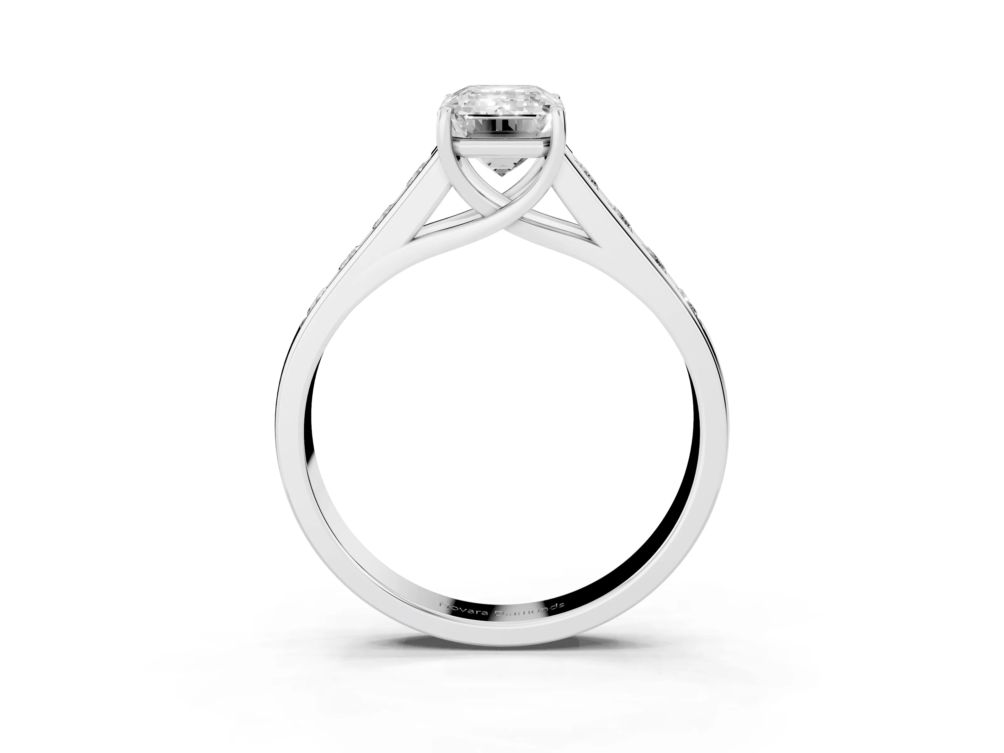 Emerald Cut Diamond Brilliant Channel-Set Solitaire Ring Set in White gold with Prong Setting