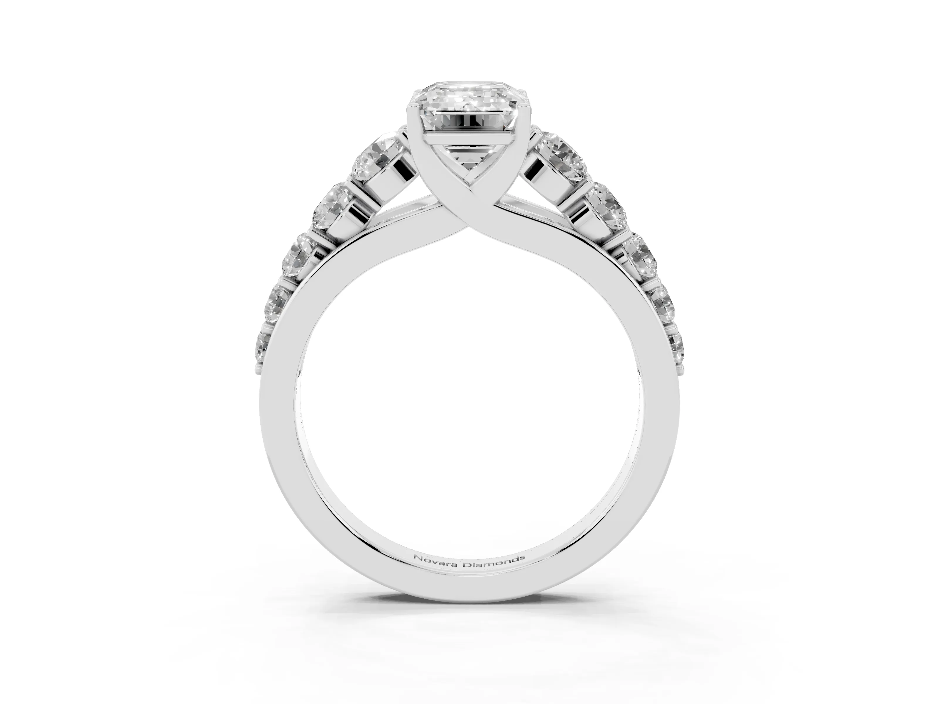 Emerald Cut Diamond Solitaire Ring Set in Platinum with Pavé-Set Band and Prong Setting