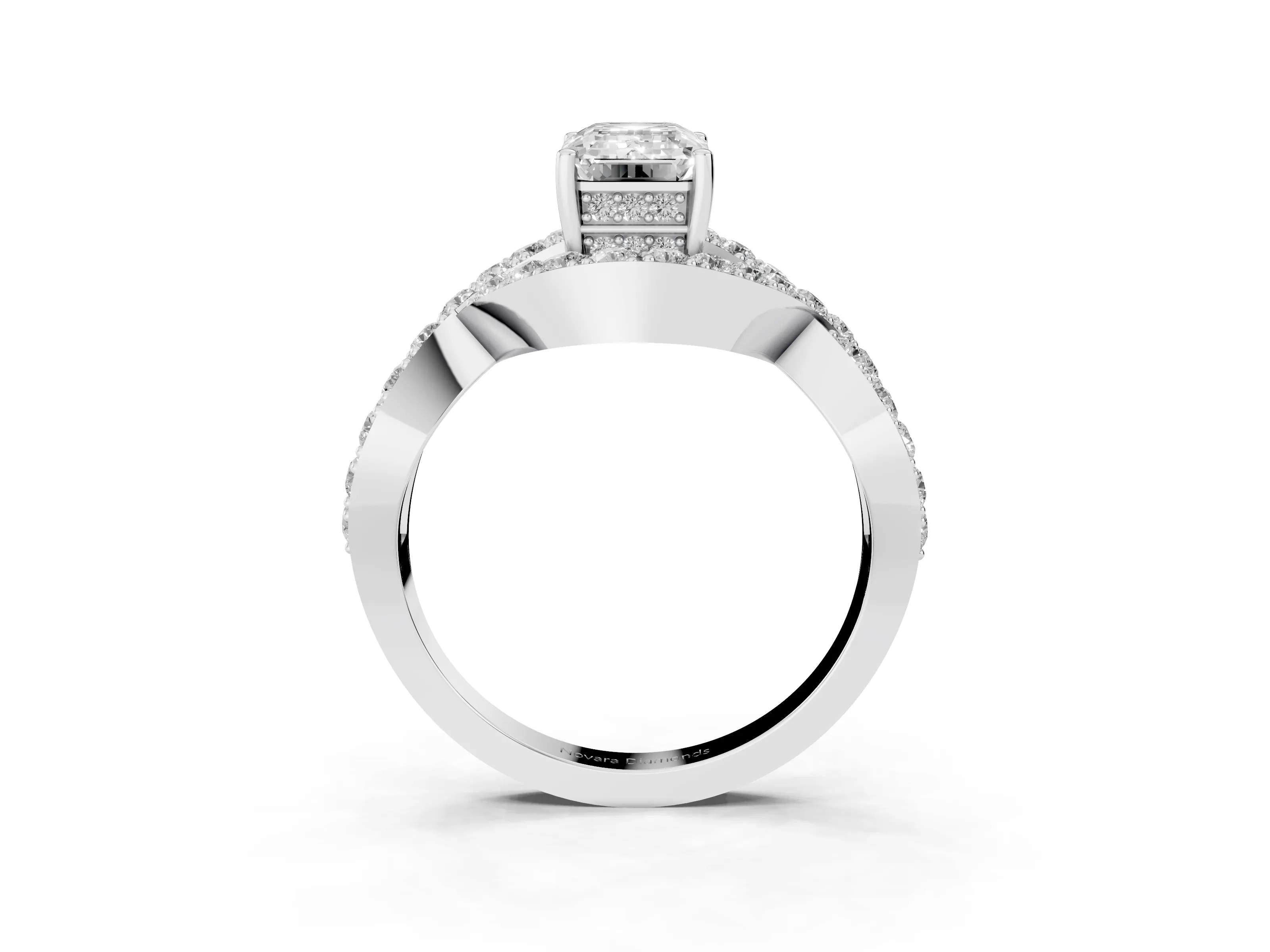 Emerald Cut Diamond Solitaire Twist Band Pavé Engagement Ring Set in Platinum