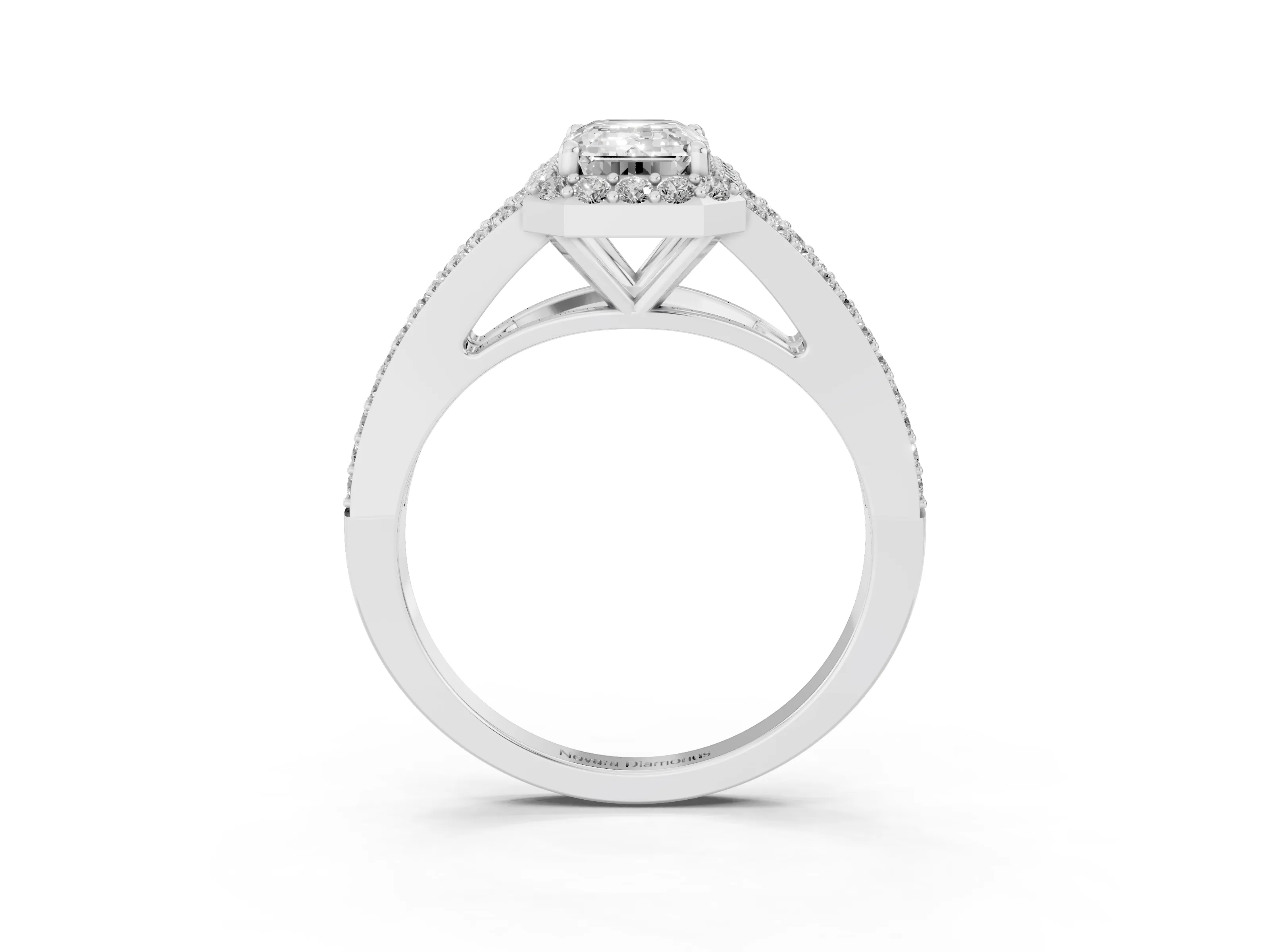 Emerald Cut Diamond Halo Split Shank Pavé Ring Set in Silver with Prong Setting