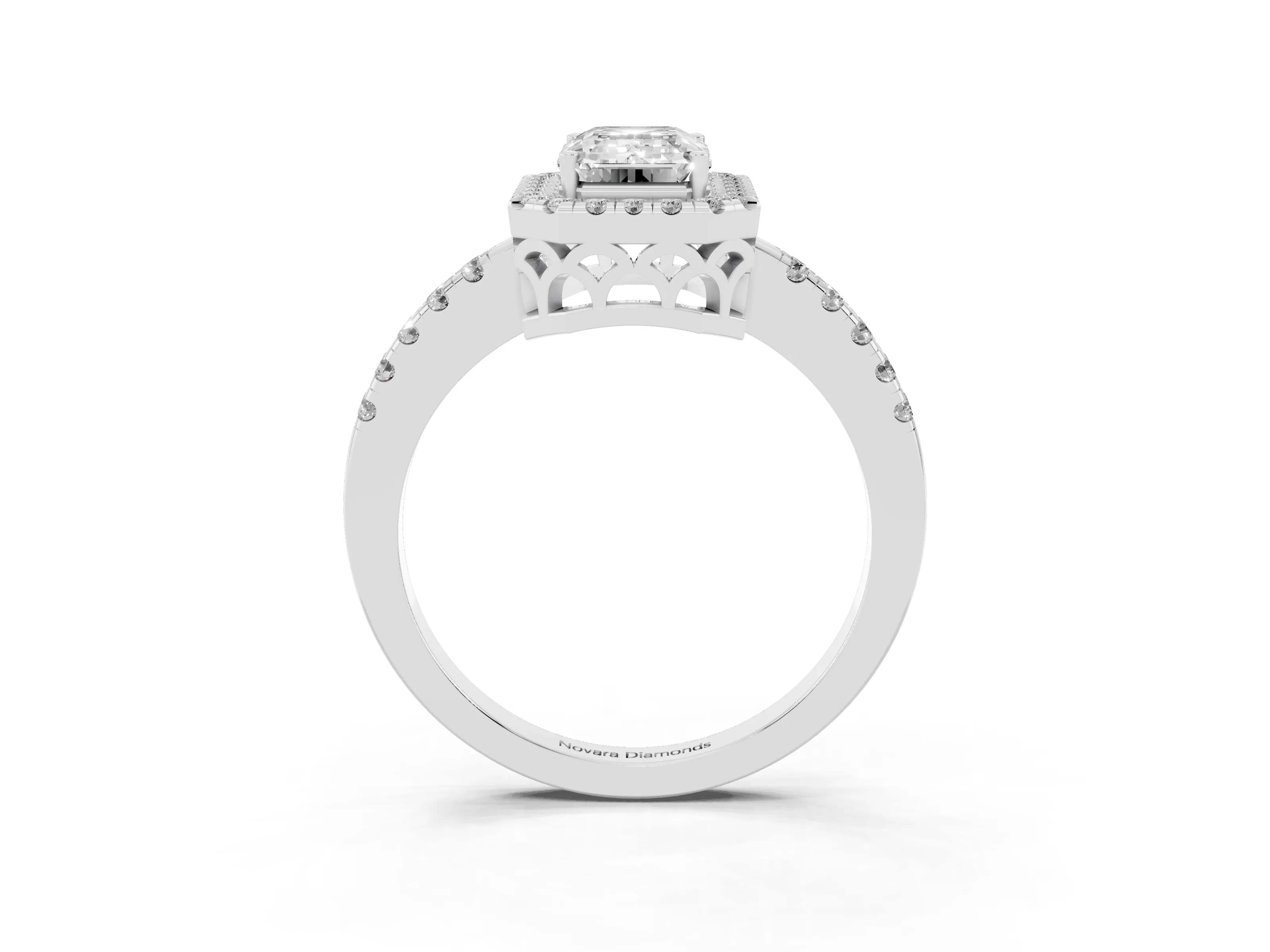 Emerald Cut Diamond Pavé Band Halo Engagement Ring Set in Silver with Prong Setting