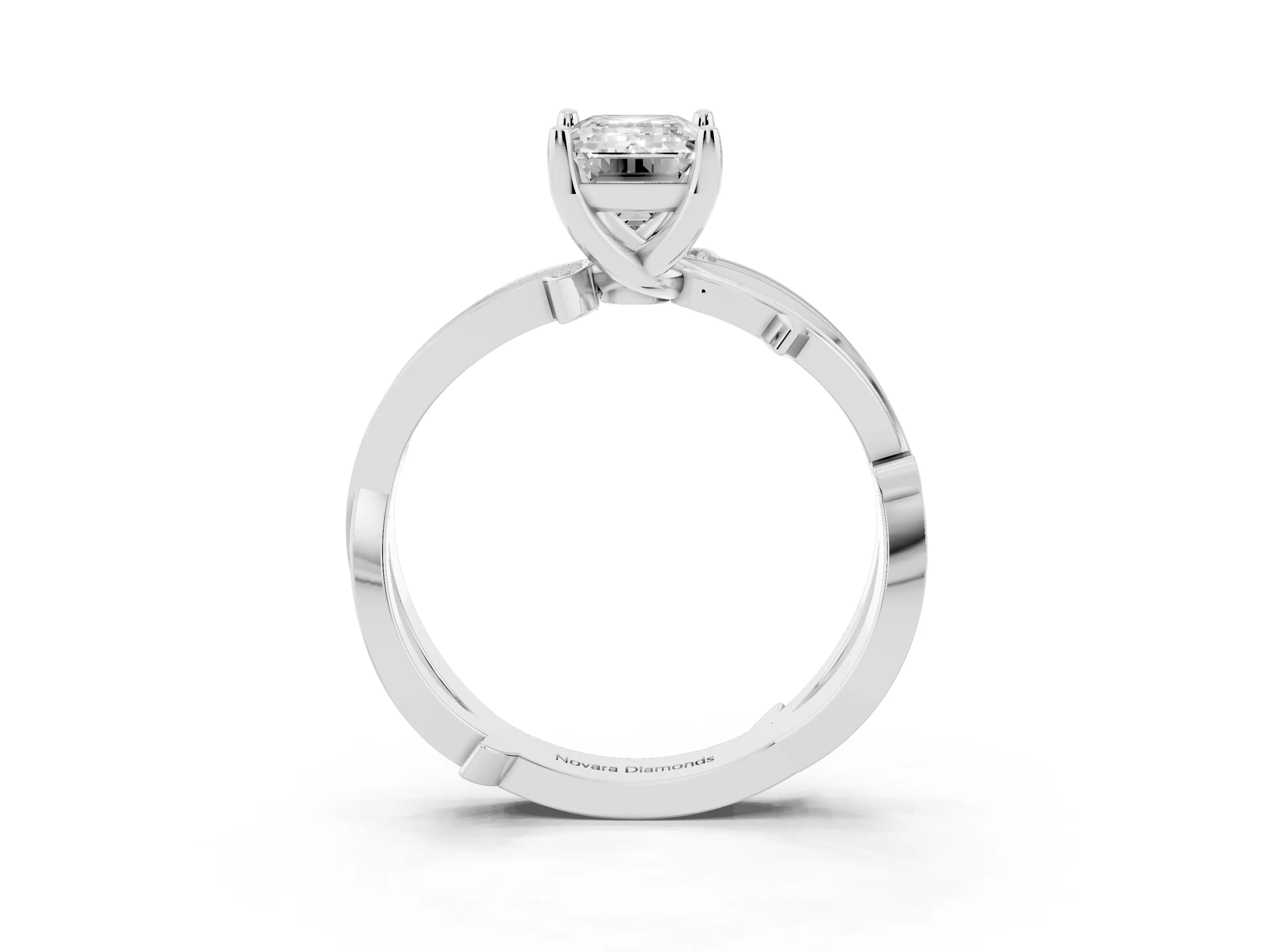 Emerald Cut Diamond Pavé Twist Band Solitaire Ring Set in Silver with Prong Setting