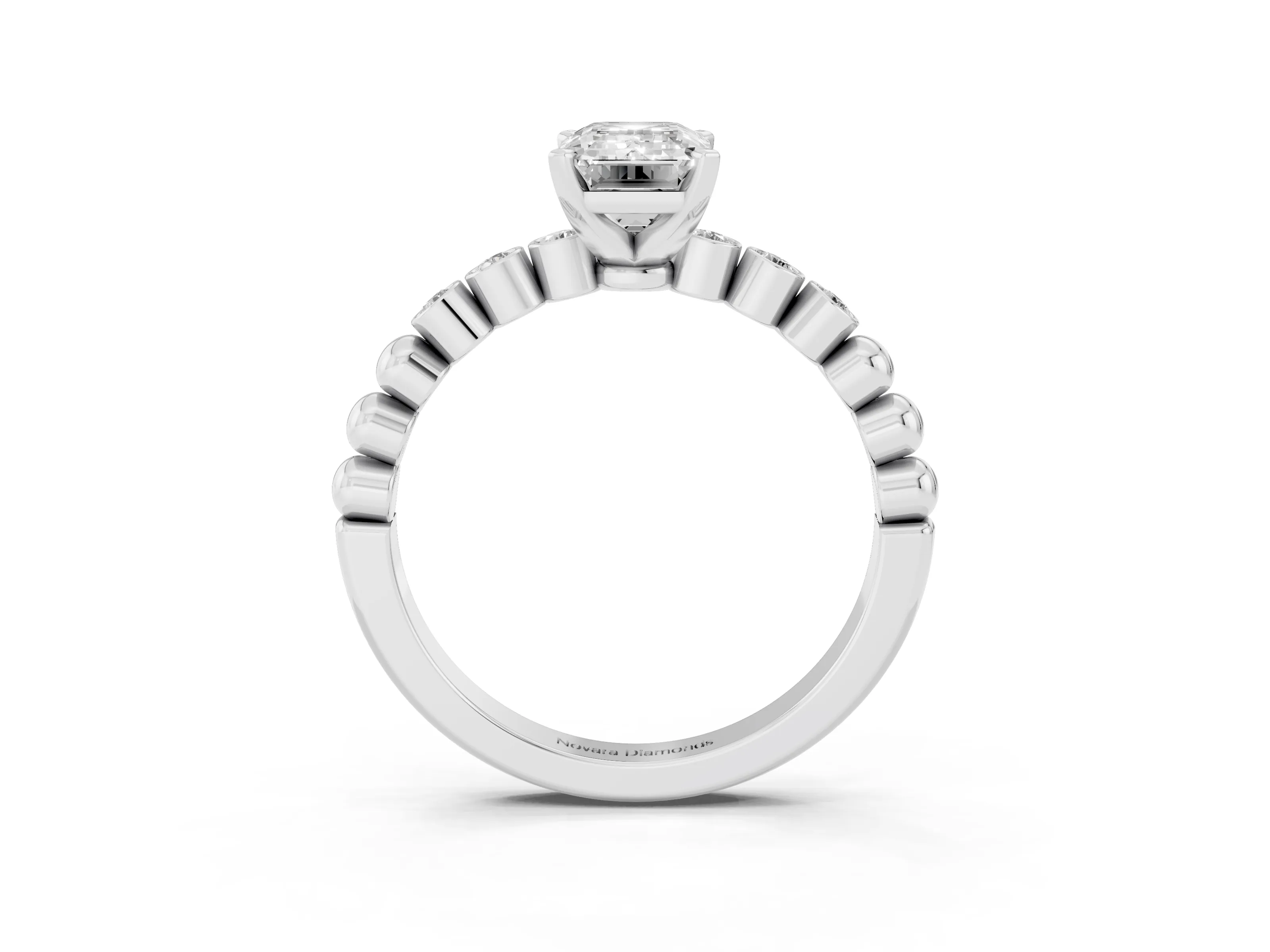 Emerald Cut Diamond Solitaire Engagement Ring Set in Platinum with Bezel Accents on Beaded Band