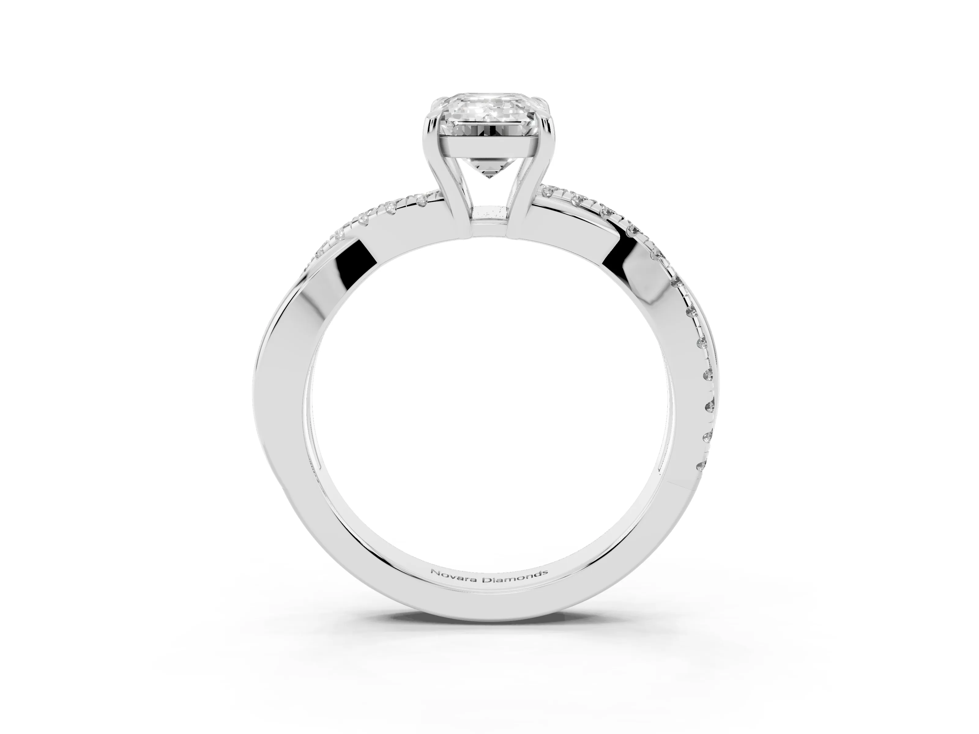 Emerald Cut Diamond Twisted Pavé Band Ring Set in Silver with Prong Setting