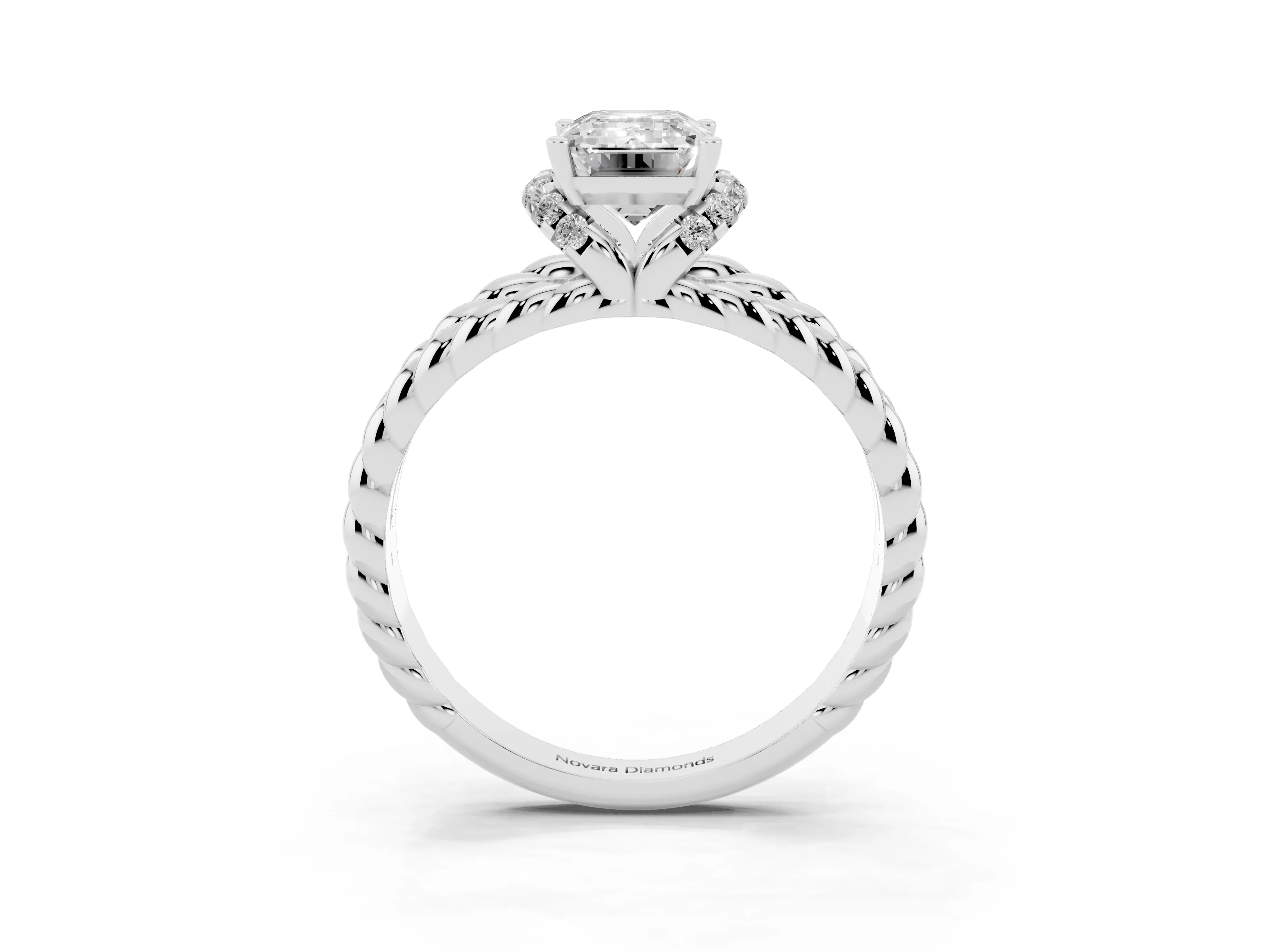Emerald Cut Diamond Halo Ring Set in White gold with Twisted Band and Prong Setting