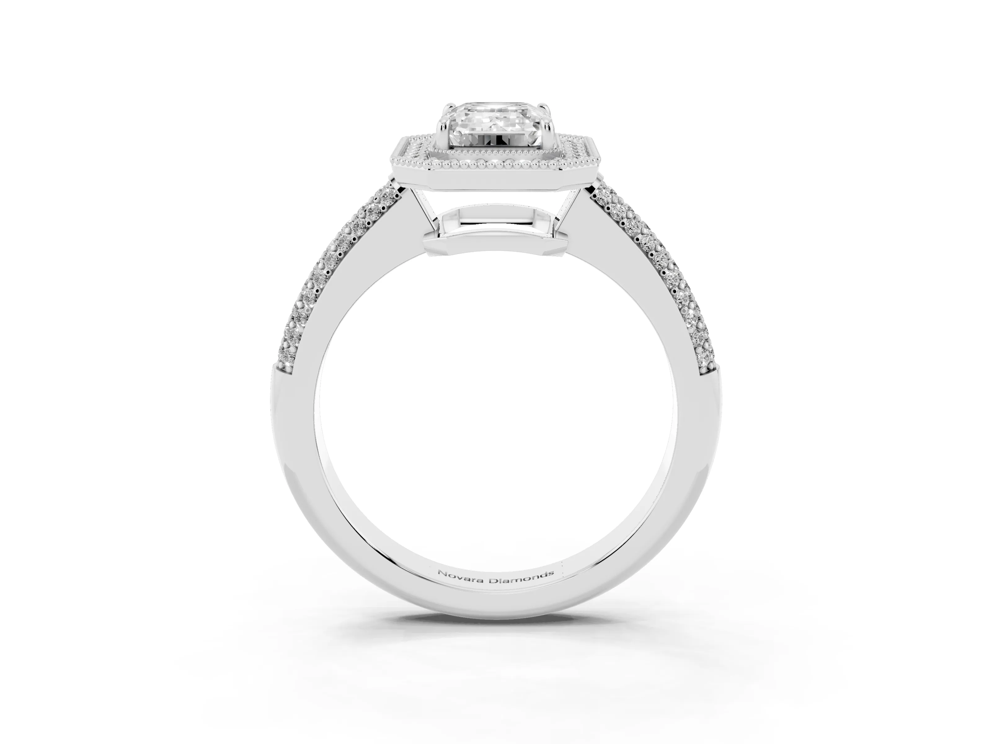 Emerald Cut Diamond Halo Pavé Band Set in Silver with Prong Setting