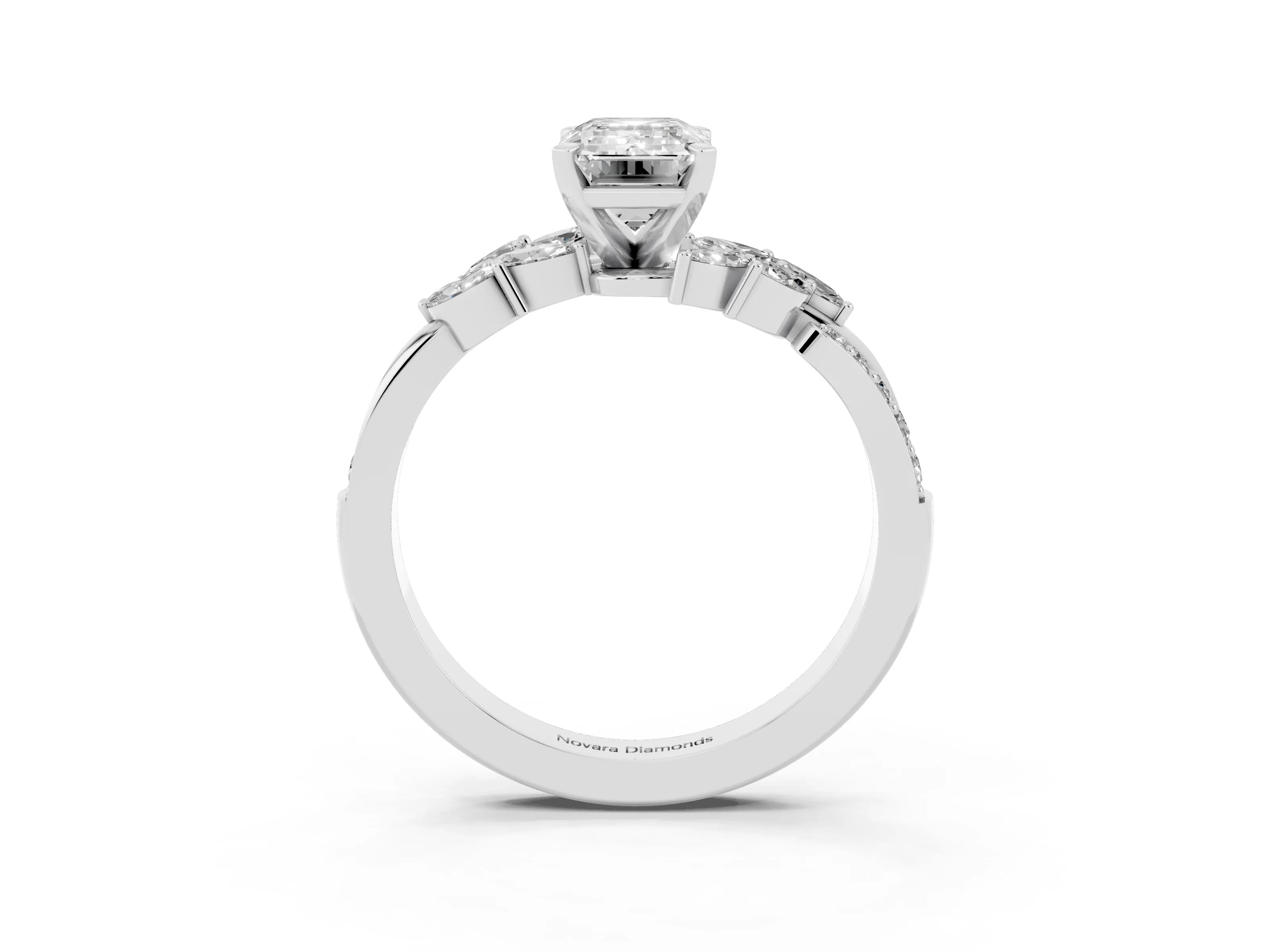 Emerald Cut Diamond Solitaire Ring Set in Silver with Marquise Twist Band and Prong Setting