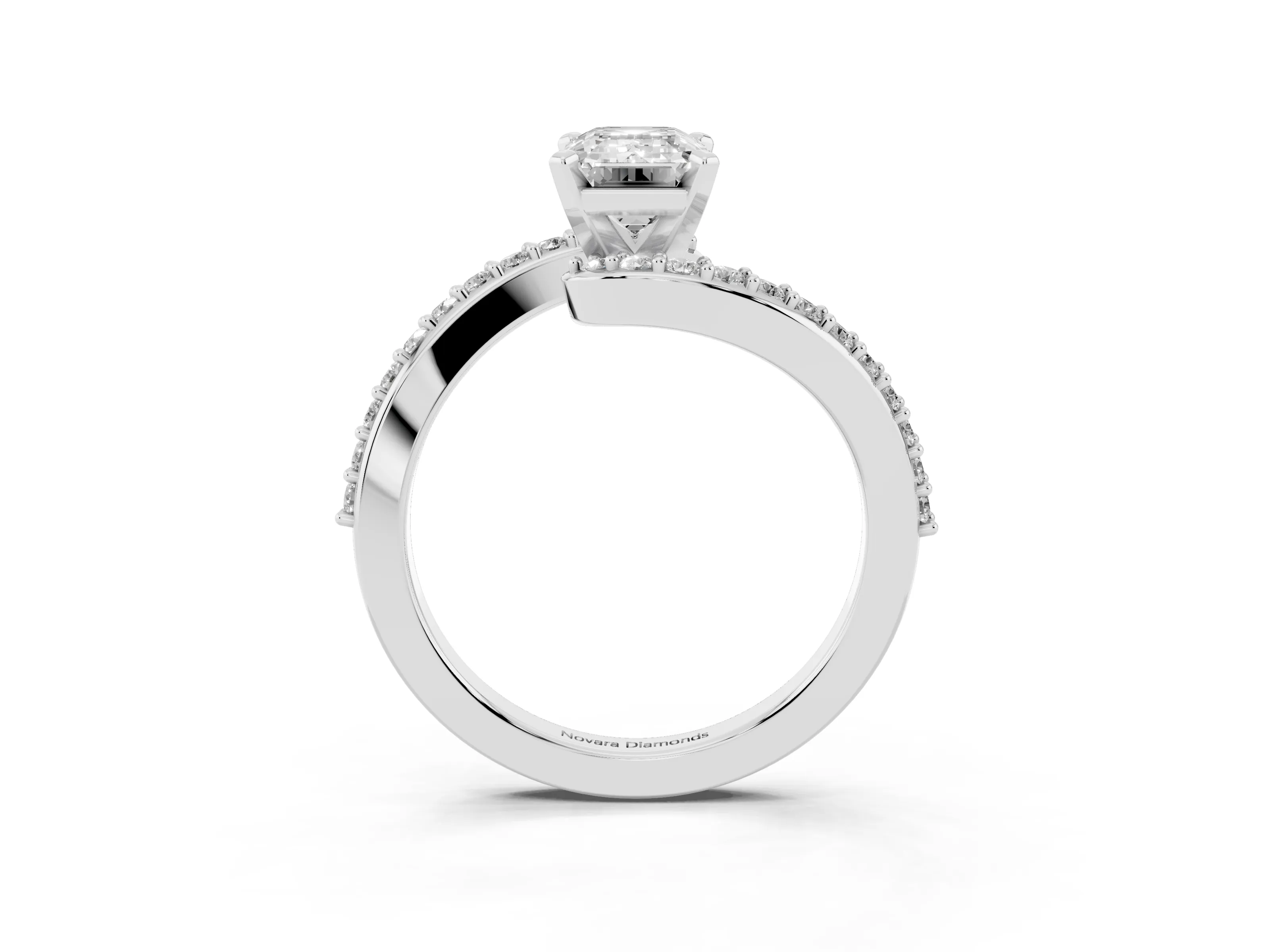 Emerald Cut Diamond Solitaire Ring Set in Platinum with Pavé Twist Band and Prong Setting