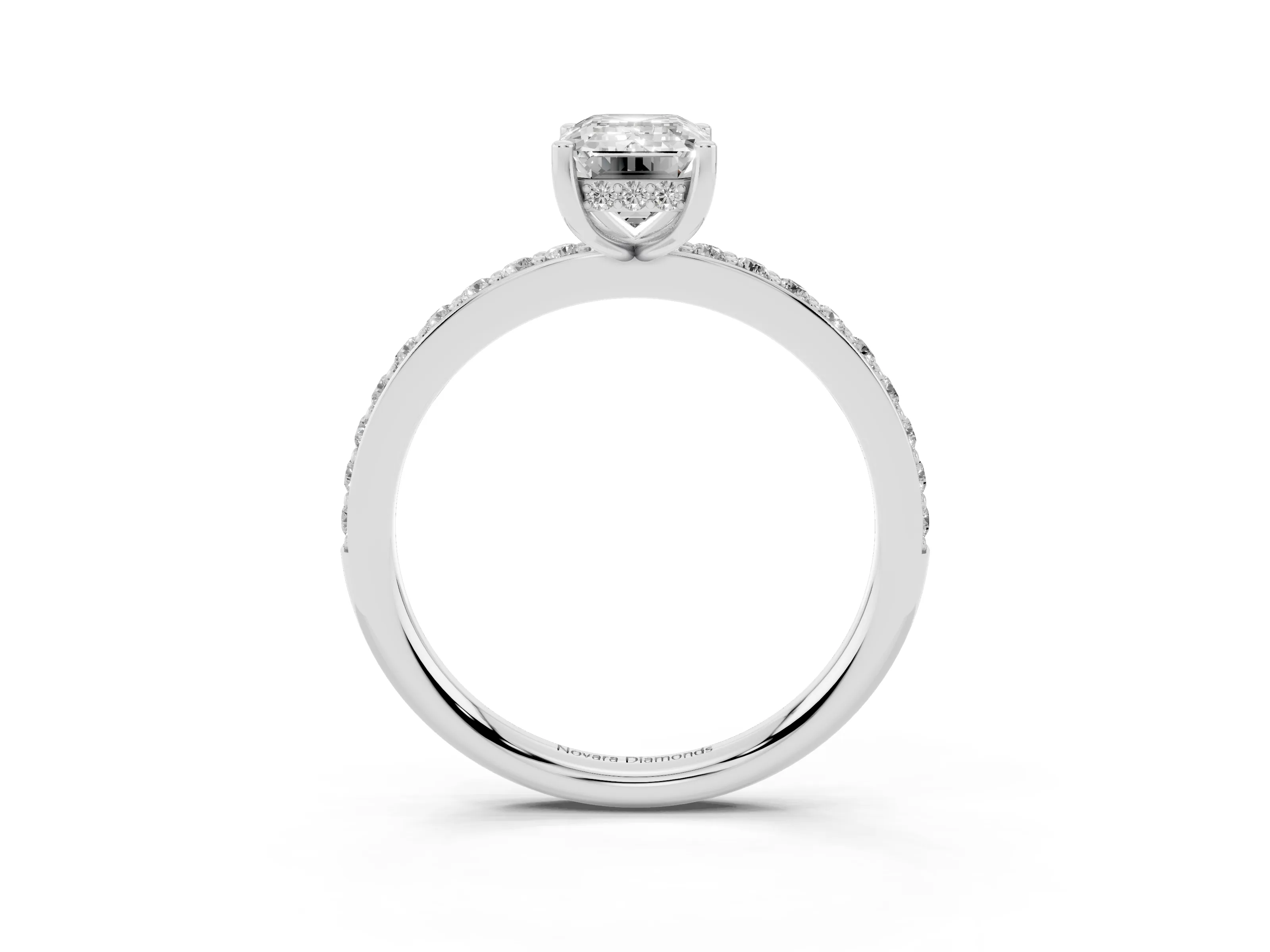 Emerald Cut Diamond Pavé Band Ring Set in White gold with Prong-Set Center Stone