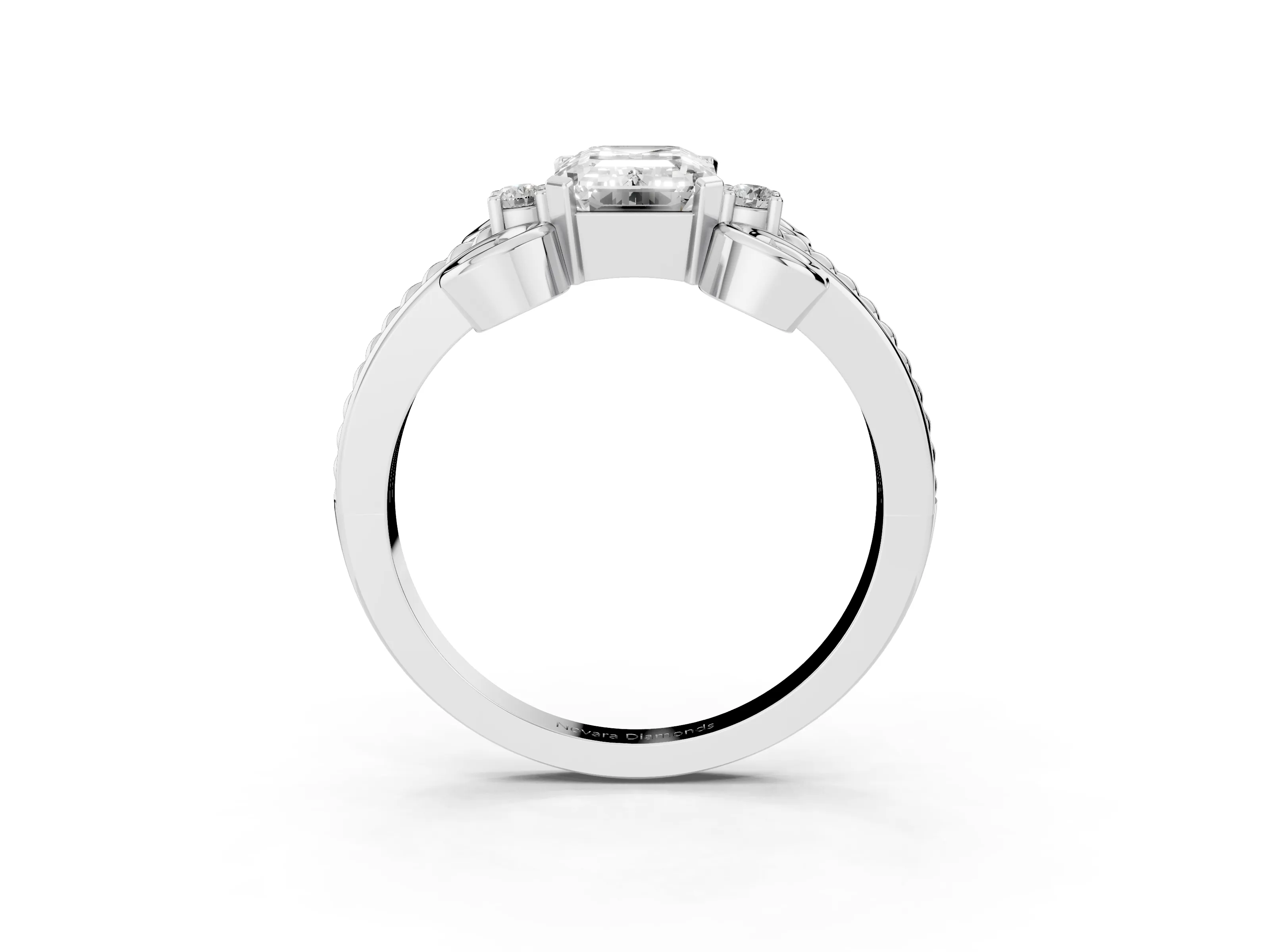 Emerald Cut Diamond Twisted Band Solitaire Ring Set in Platinum with Scroll Prongs