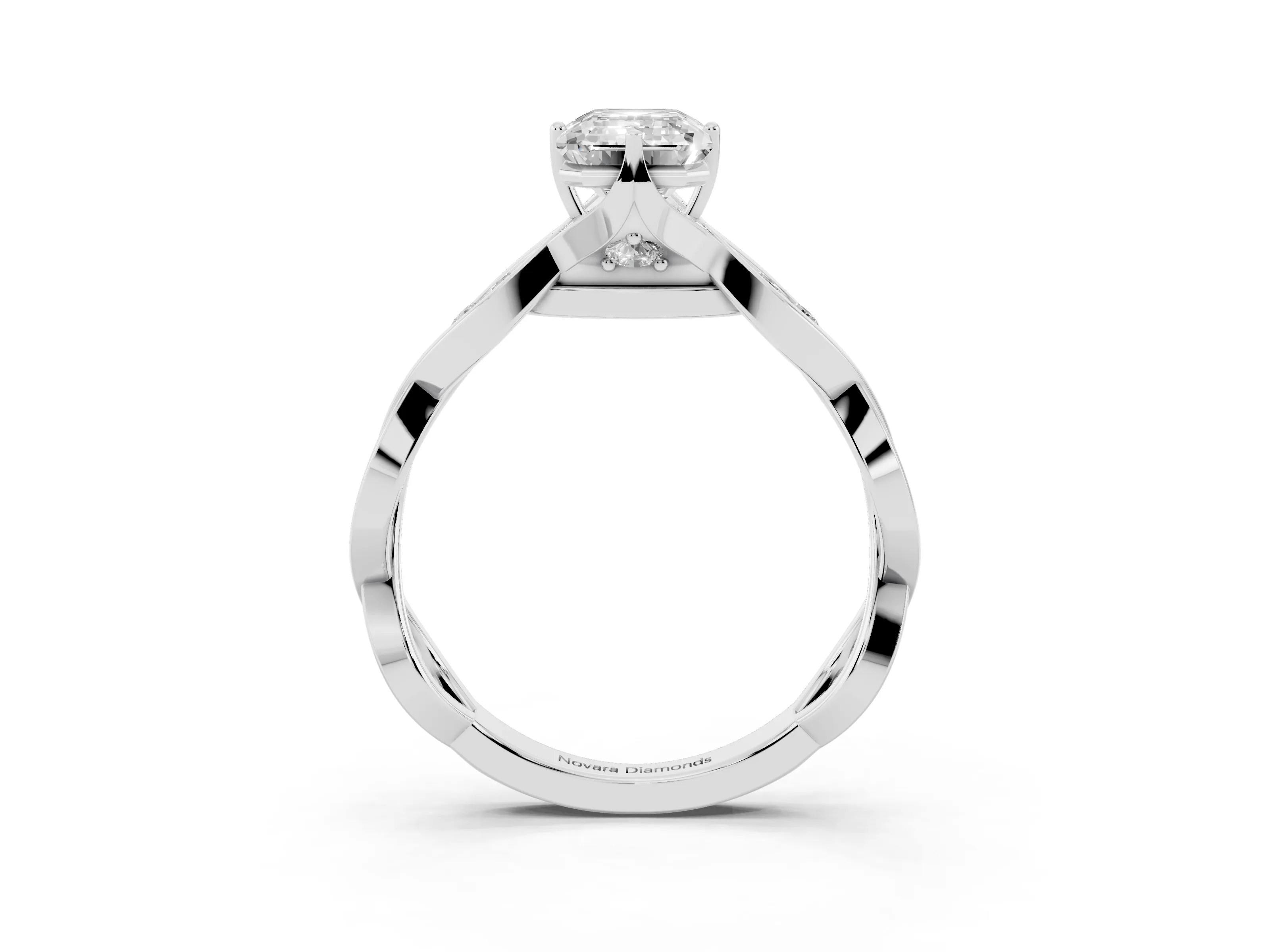 Emerald Cut Diamond Twist Band Solitaire Ring Set in Platinum with Leaf Prong Setting and Accent Stones