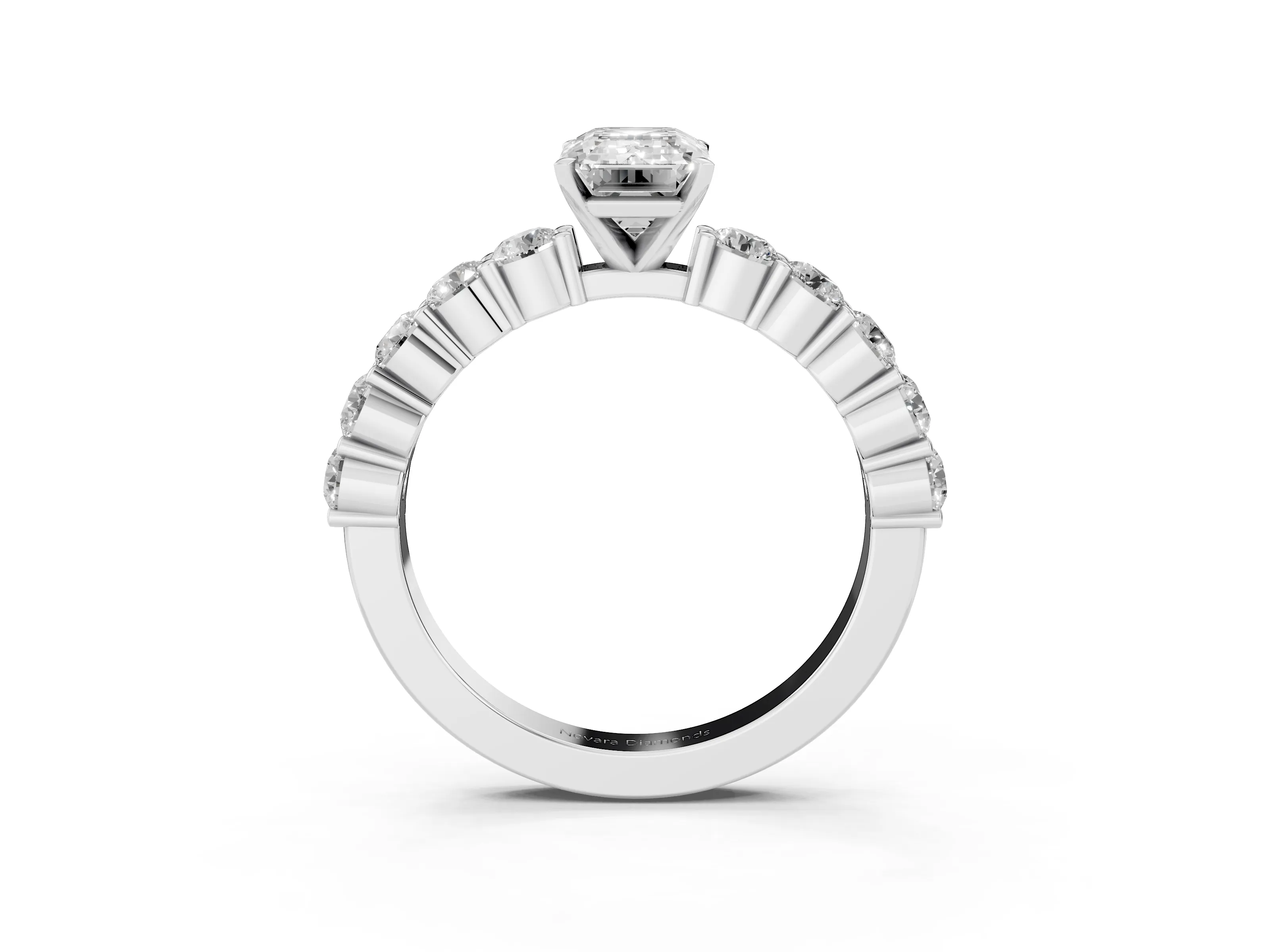 Emerald Cut Diamond Solitaire Ring Set in Silver with Shared Prong Round Side Stones
