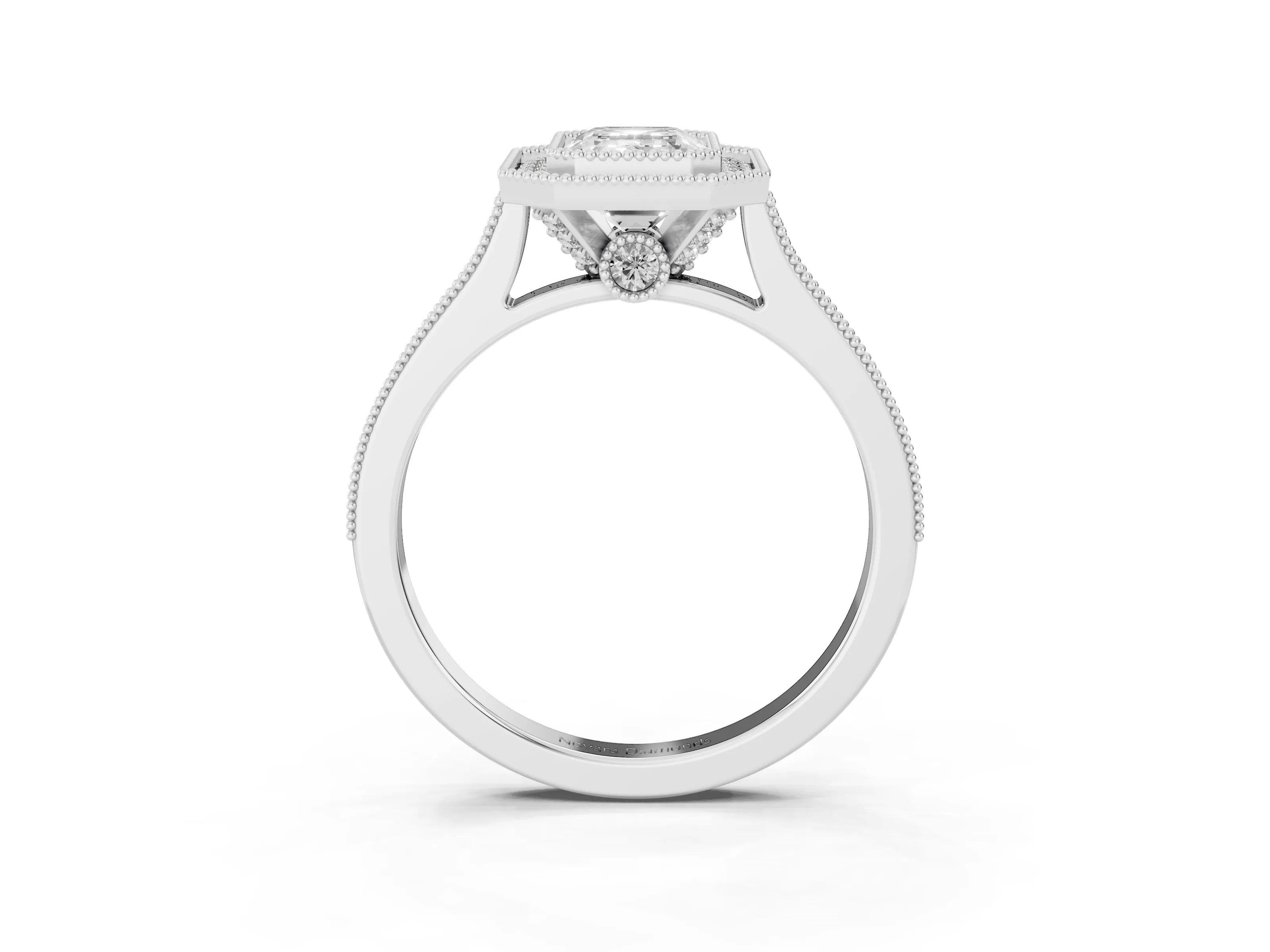 Emerald Cut Diamond Halo Milgrain Pavé Band Ring Set in White gold with Prong Setting