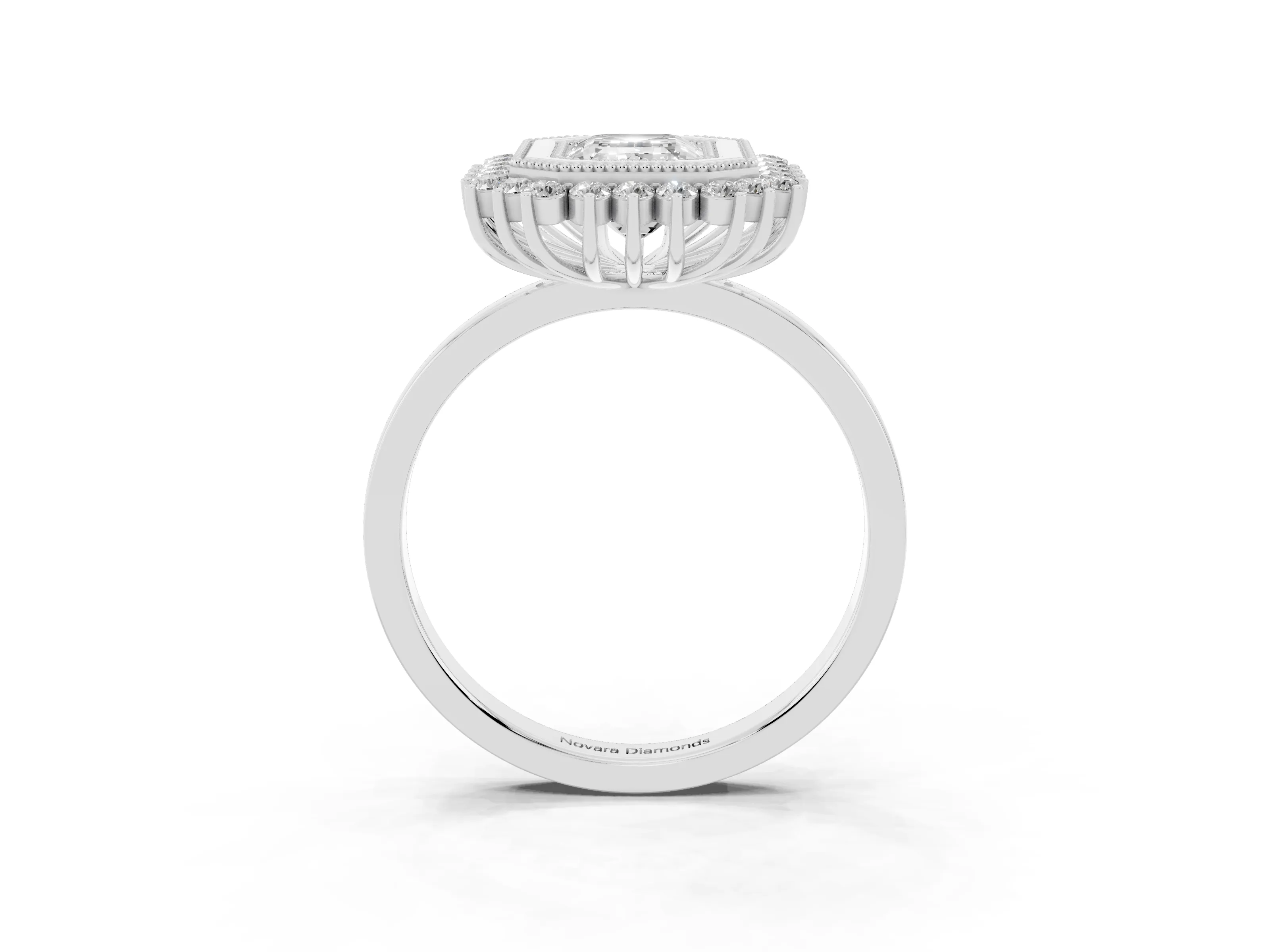 Emerald Cut Diamond Halo Ring Set in Silver with Milgrain Edge and Round Prong Setting