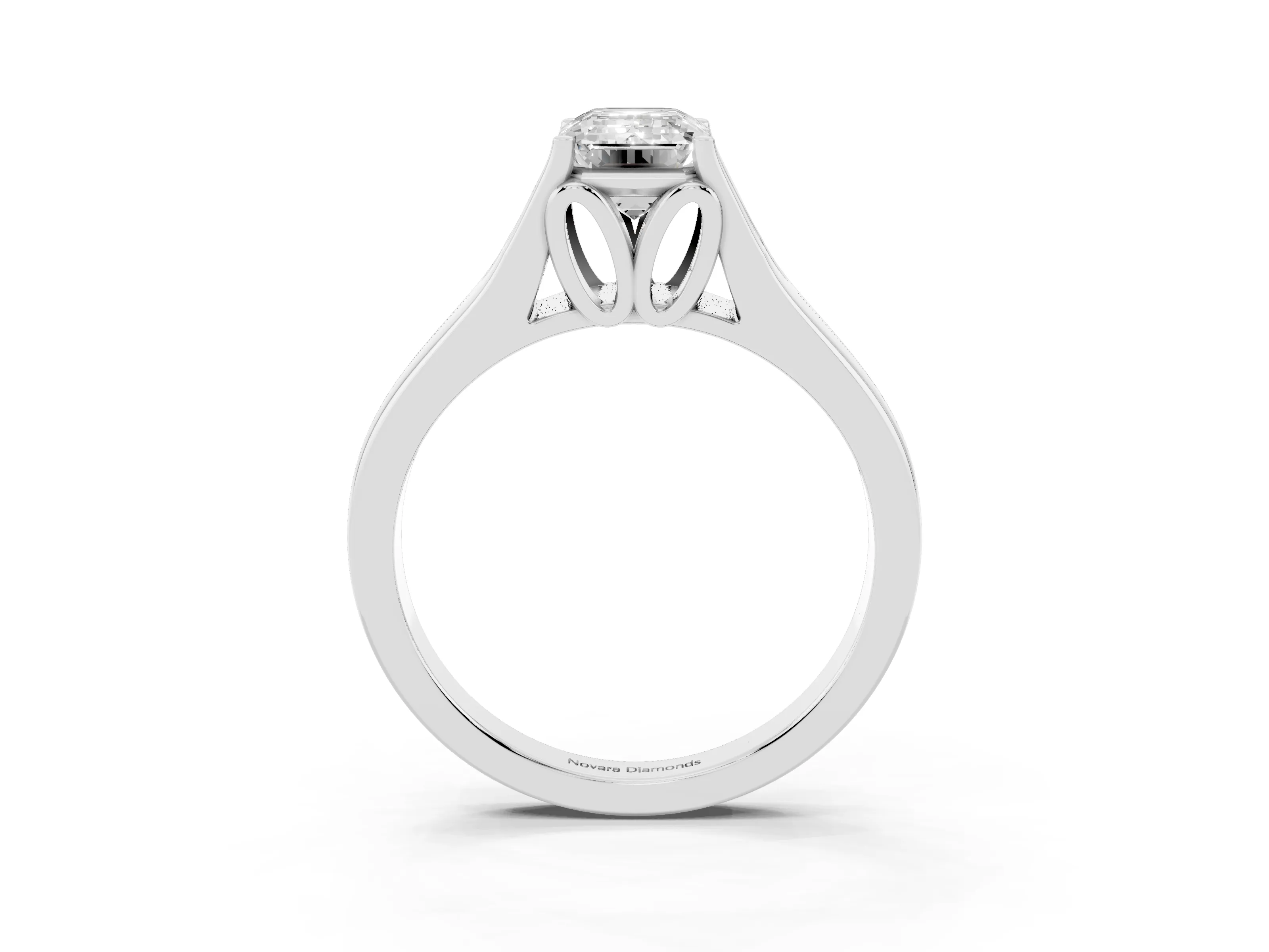 Emerald Cut Diamond Solitaire Ring Set in White gold with Arched Cathedral Band and Prong Setting