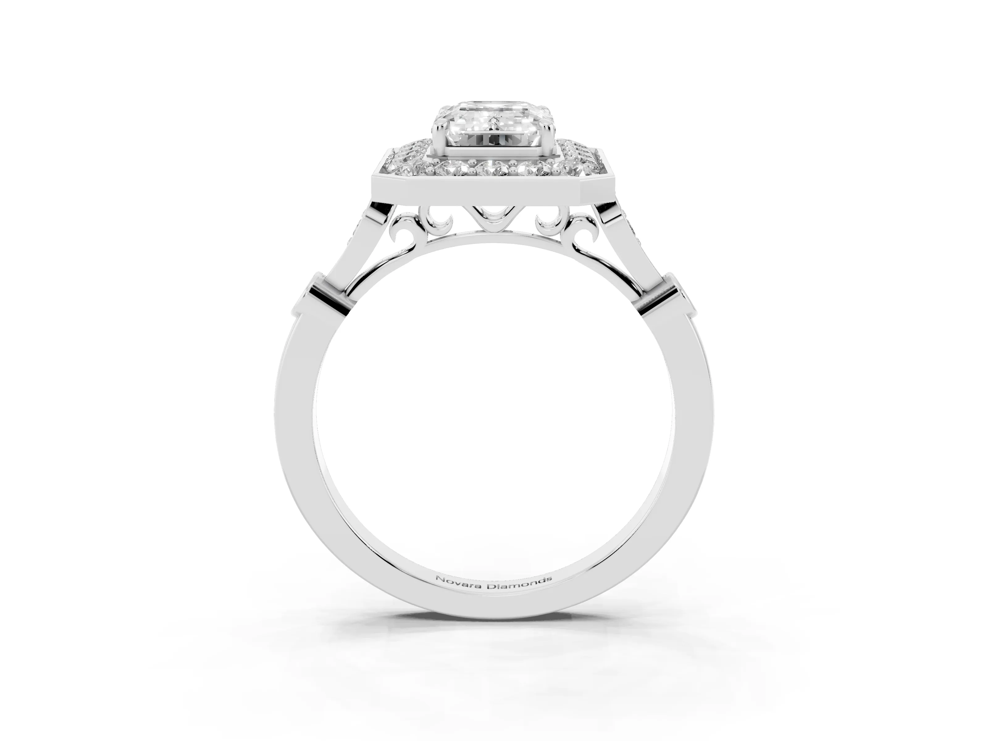 Emerald Cut Diamond Halo Engagement Ring Set in Platinum with Twisted Band and Prong Setting