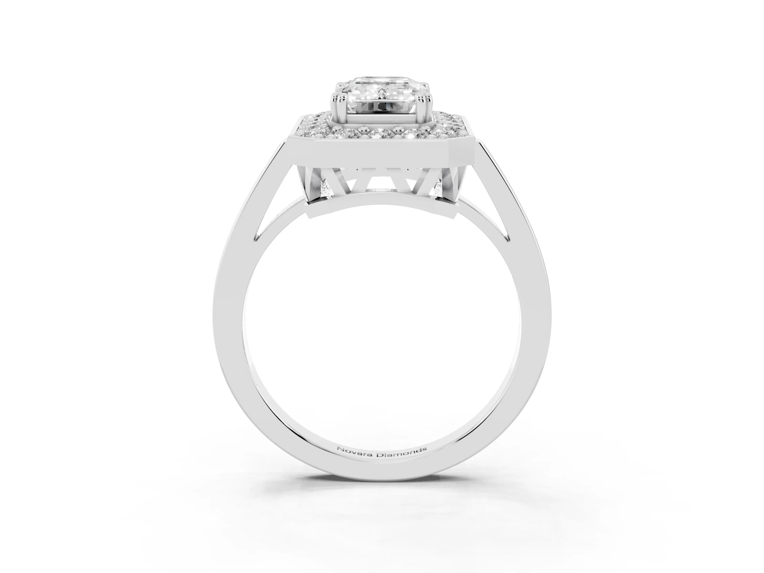 Emerald Cut Diamond Halo Ring Set in Platinum with Accent-Lined Split Shank and Prong Setting