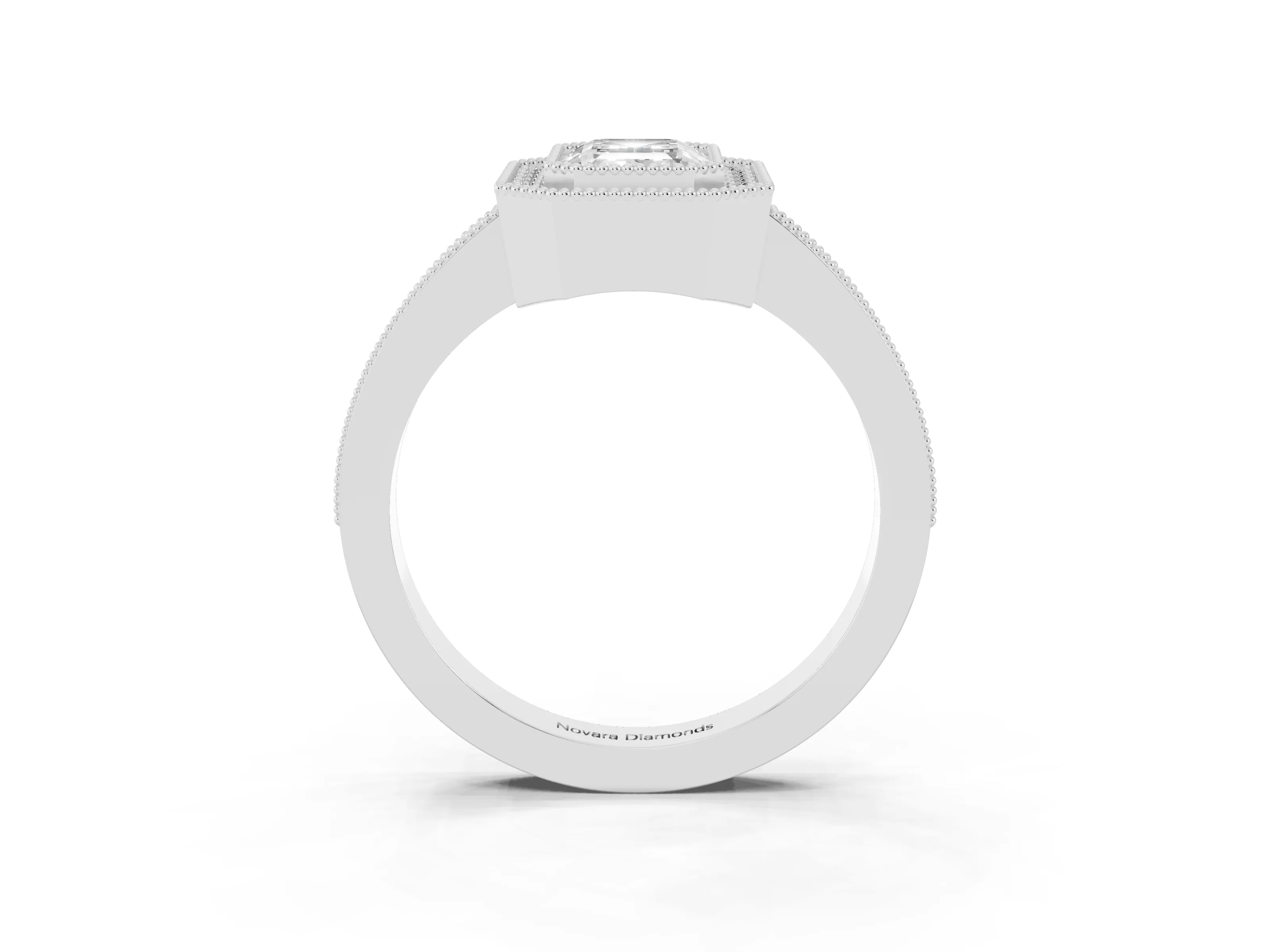 Emerald Cut Diamond Halo Engagement Ring Set in Platinum with Pavé Band and Round Halo Stones