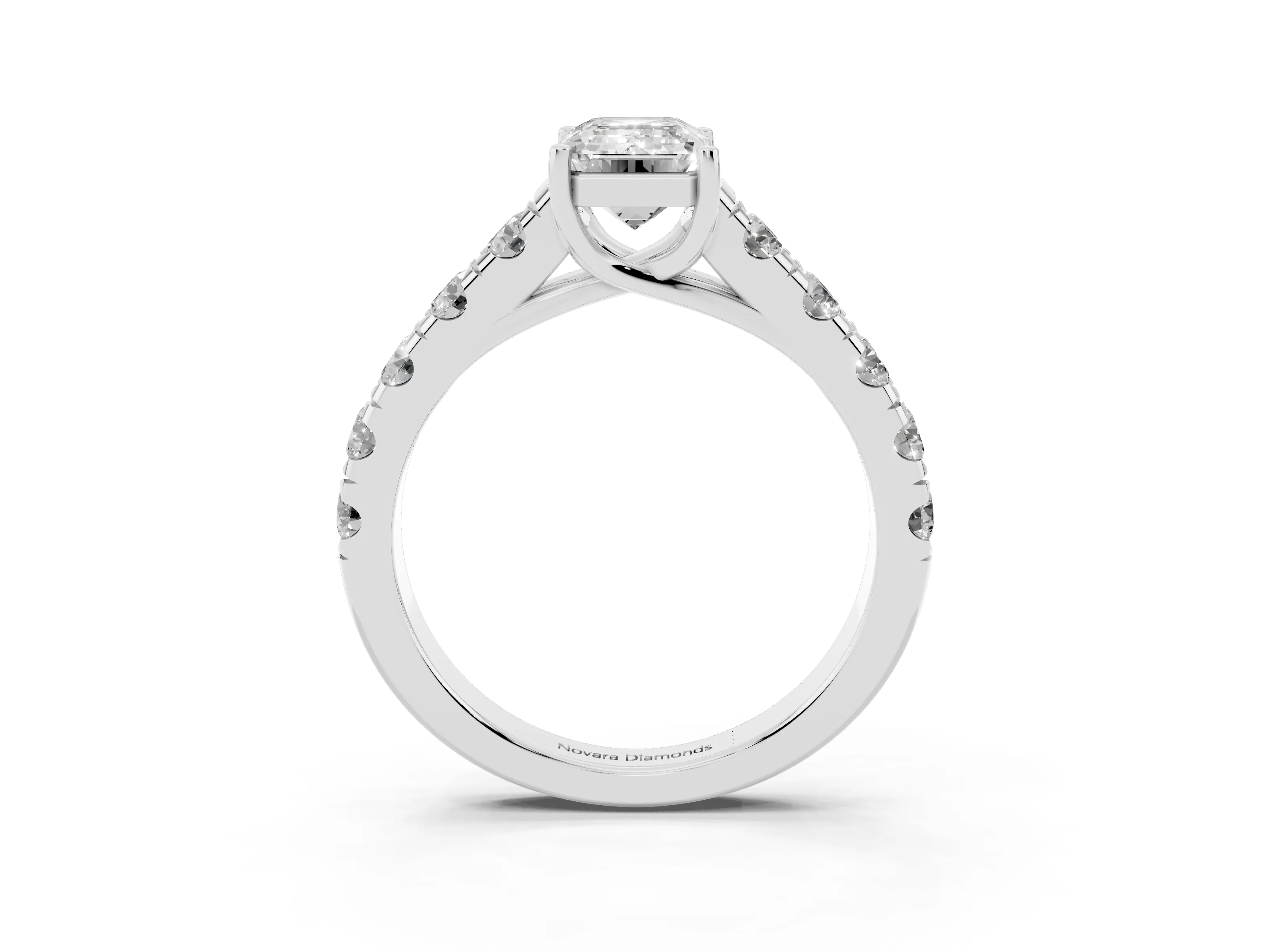 Emerald Cut Diamond Solitaire Ring Set in Platinum with Cut-Down Micro Pavé Band and Prong Setting