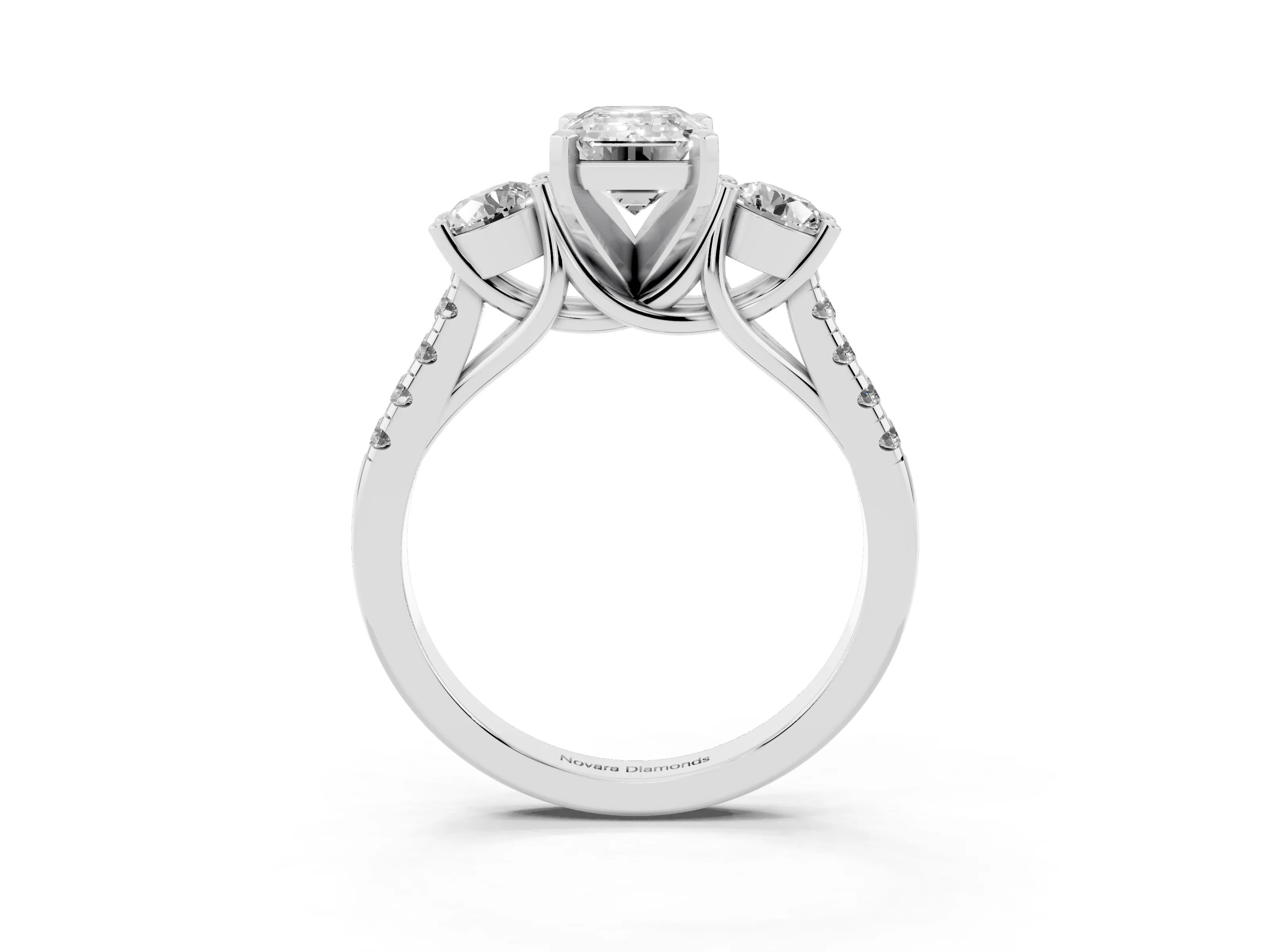 Three-Stone Emerald Cut Diamond Pavé Band Ring Set in Platinum with Prong-Set Trio