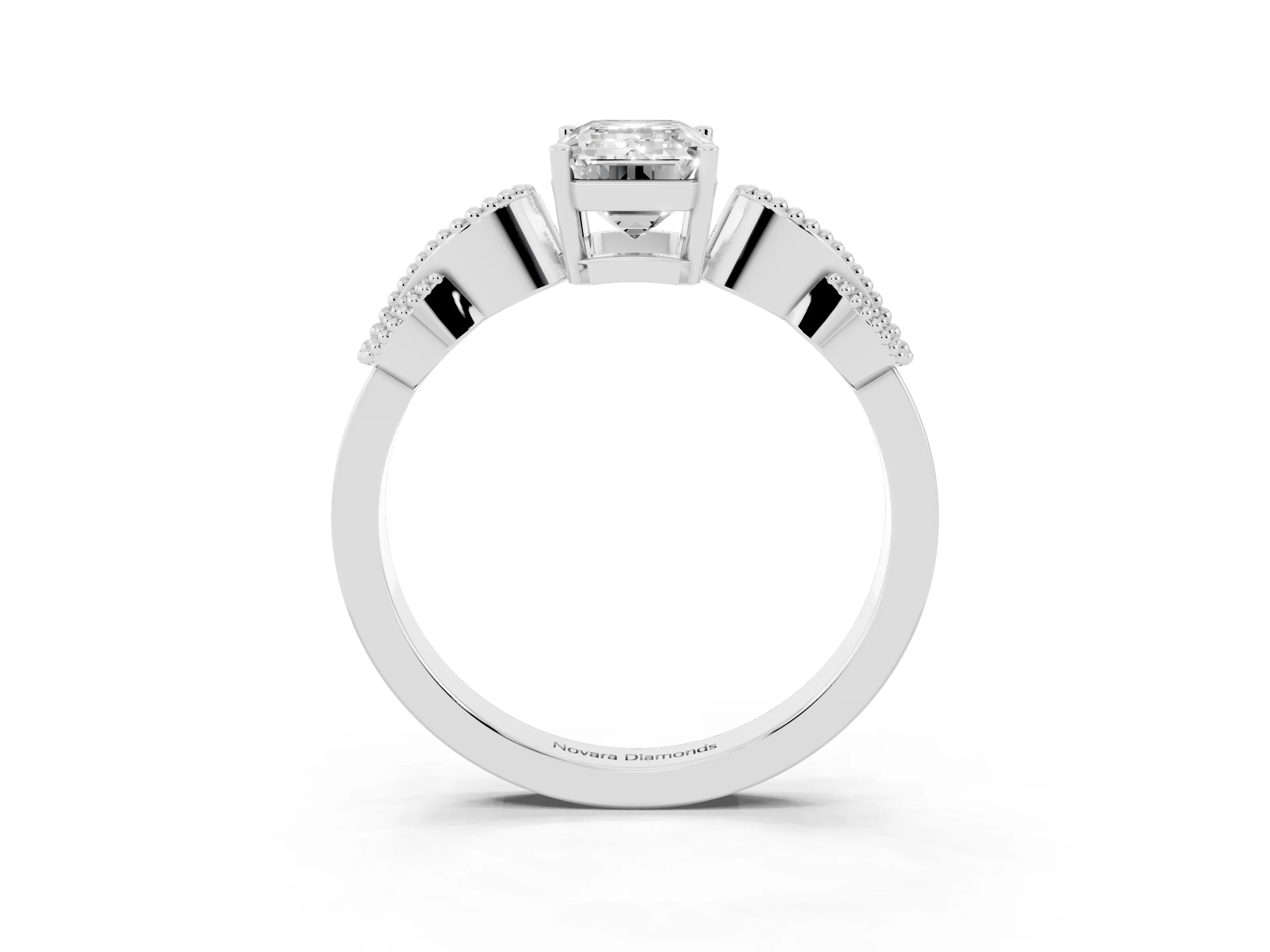 Emerald Cut Diamond Milgrain Leaf Band Solitaire Ring Set in White gold with Accent Stones and Prong Setting