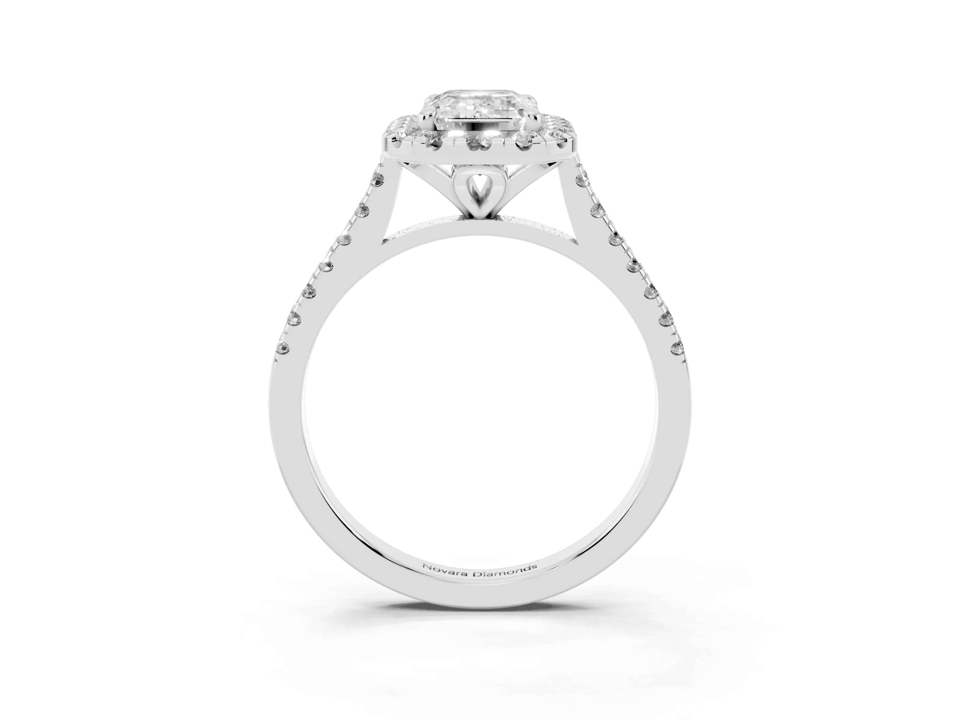 Emerald Cut Diamond Cushion Halo Ring Set in White gold with Pavé Band