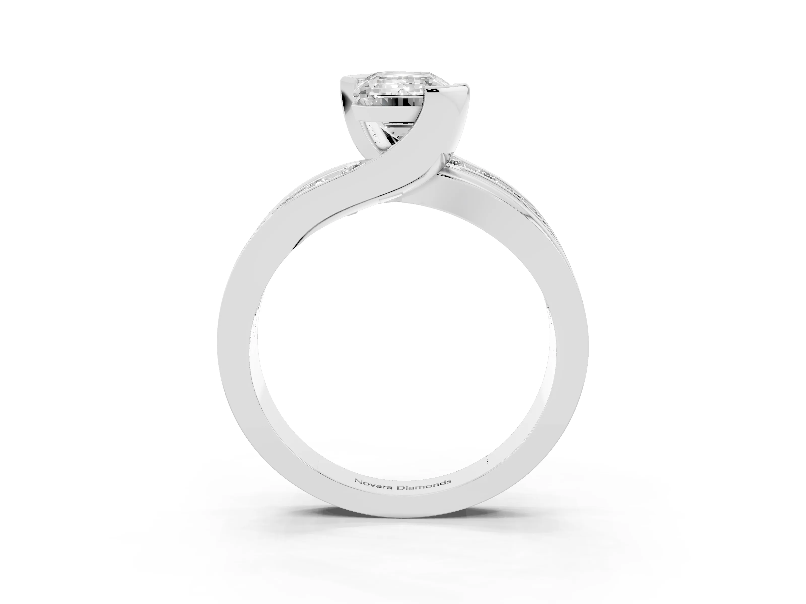 Emerald Cut Diamond Solitaire Ring Set in Silver with Channel Set Split Shank and Tension Prongs