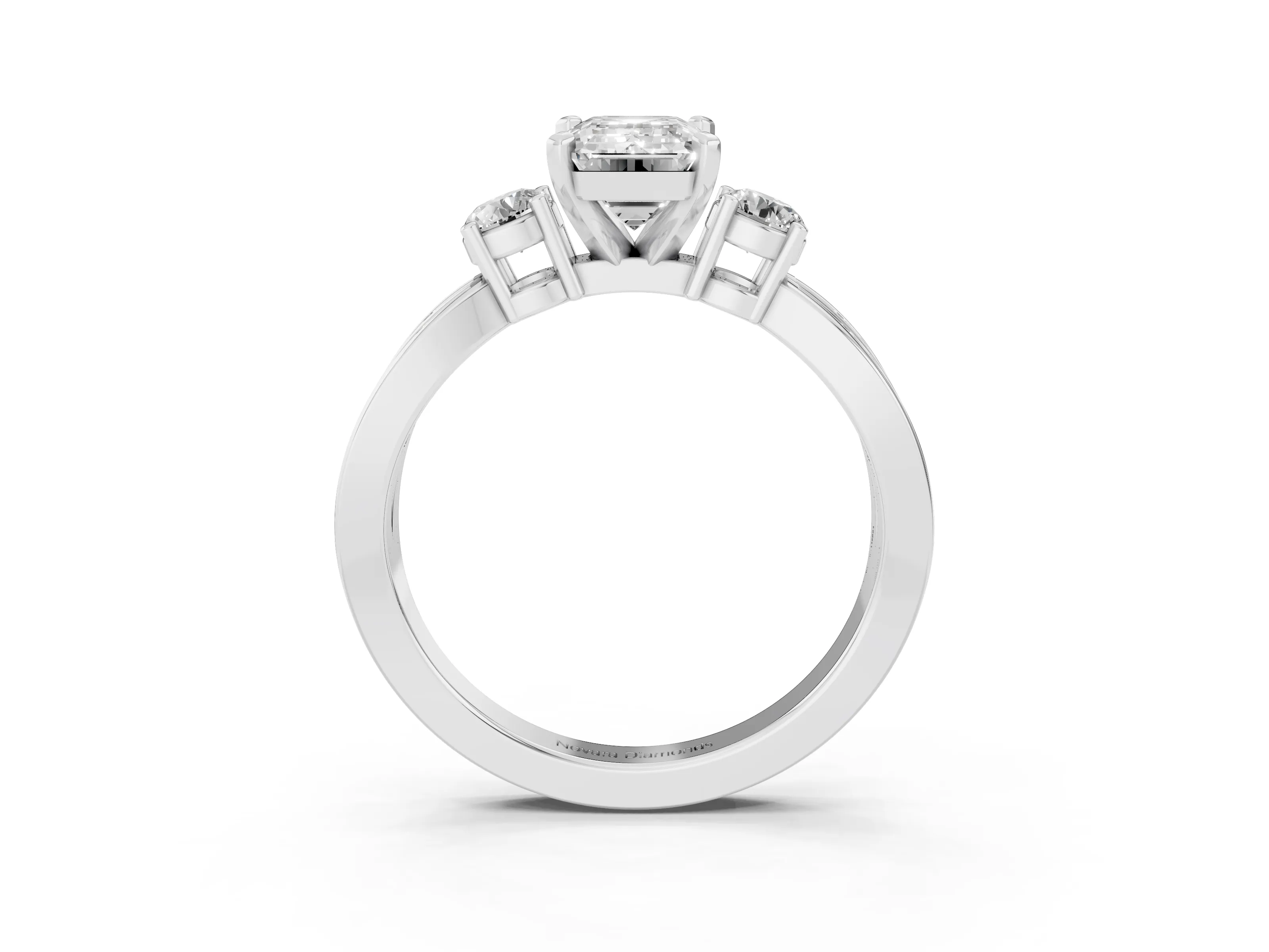 Three-Stone Emerald Cut Diamond Twist Band Ring Set in Platinum with Pavé Accents and Prong Setting
