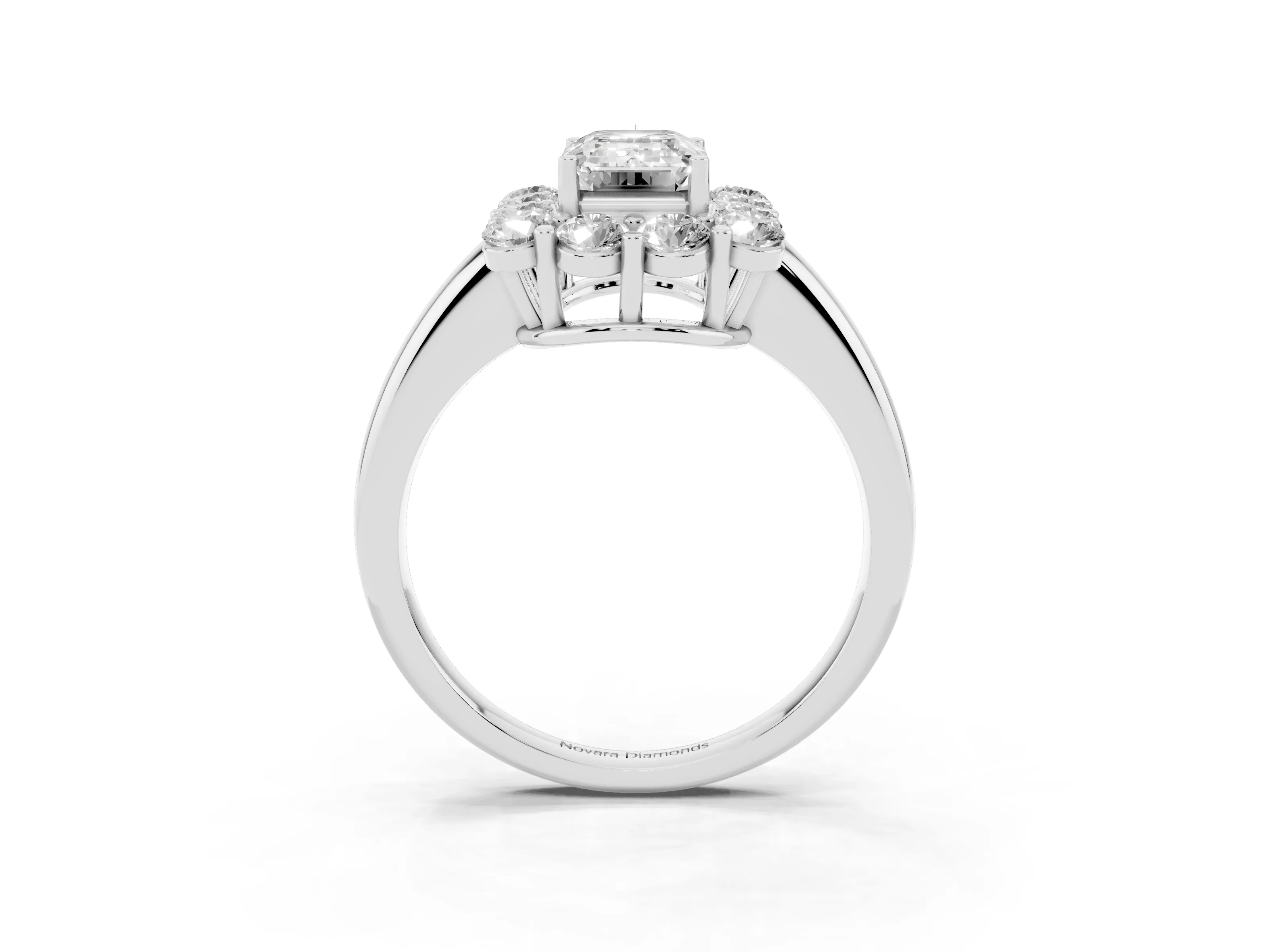 Emerald Cut Diamond Halo Cluster Engagement Ring Set in White gold with Polished Band and Prong Setting