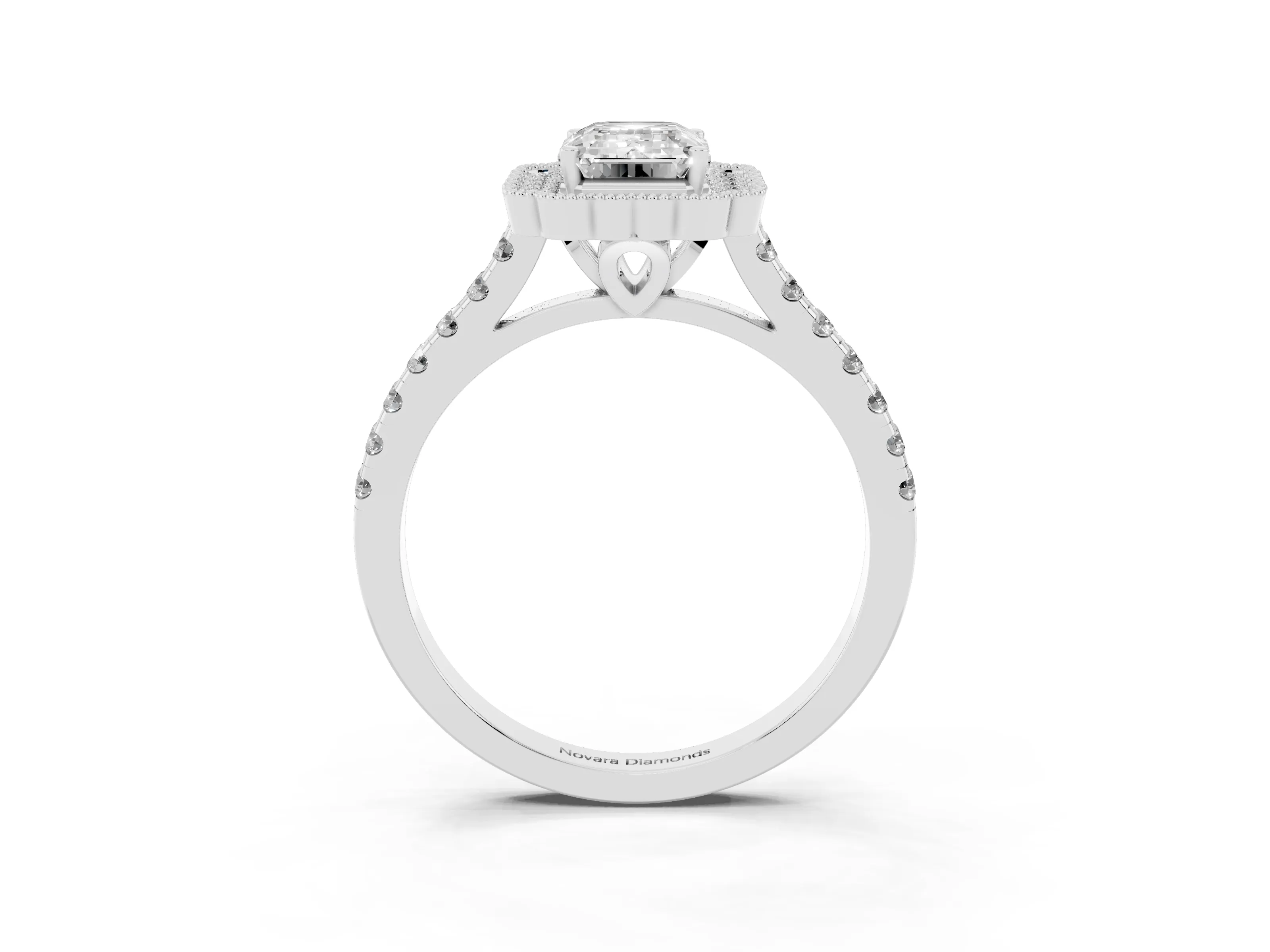 Emerald Cut Diamond Milgrain Floral Halo Engagement Ring Set in Platinum with Pavé Band