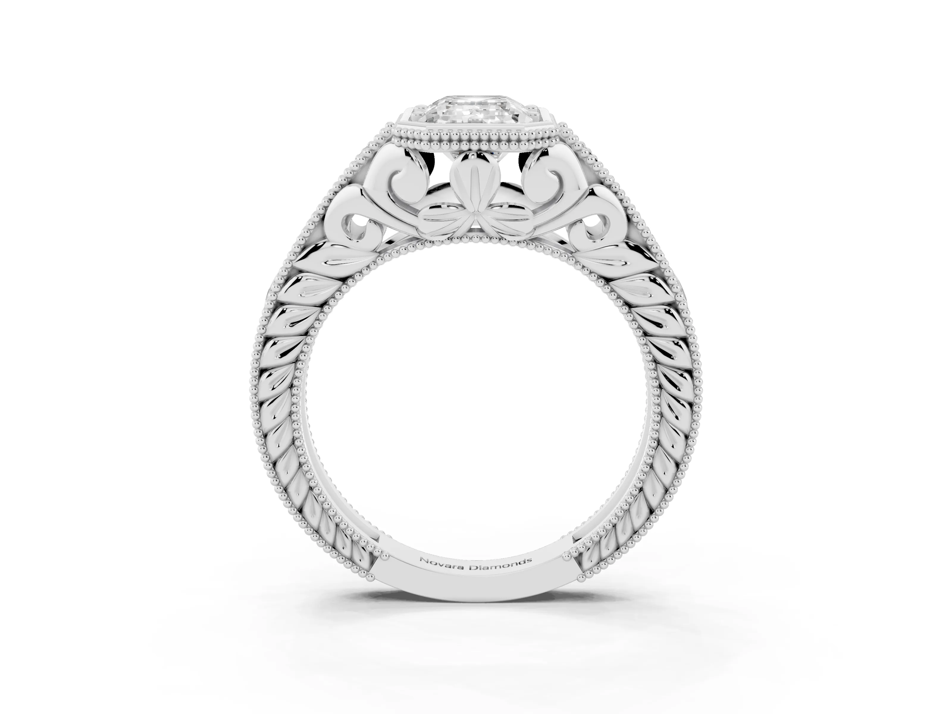 Bezel Set Emerald Cut Diamond Milgrain Pavé Engagement Ring Set in Silver