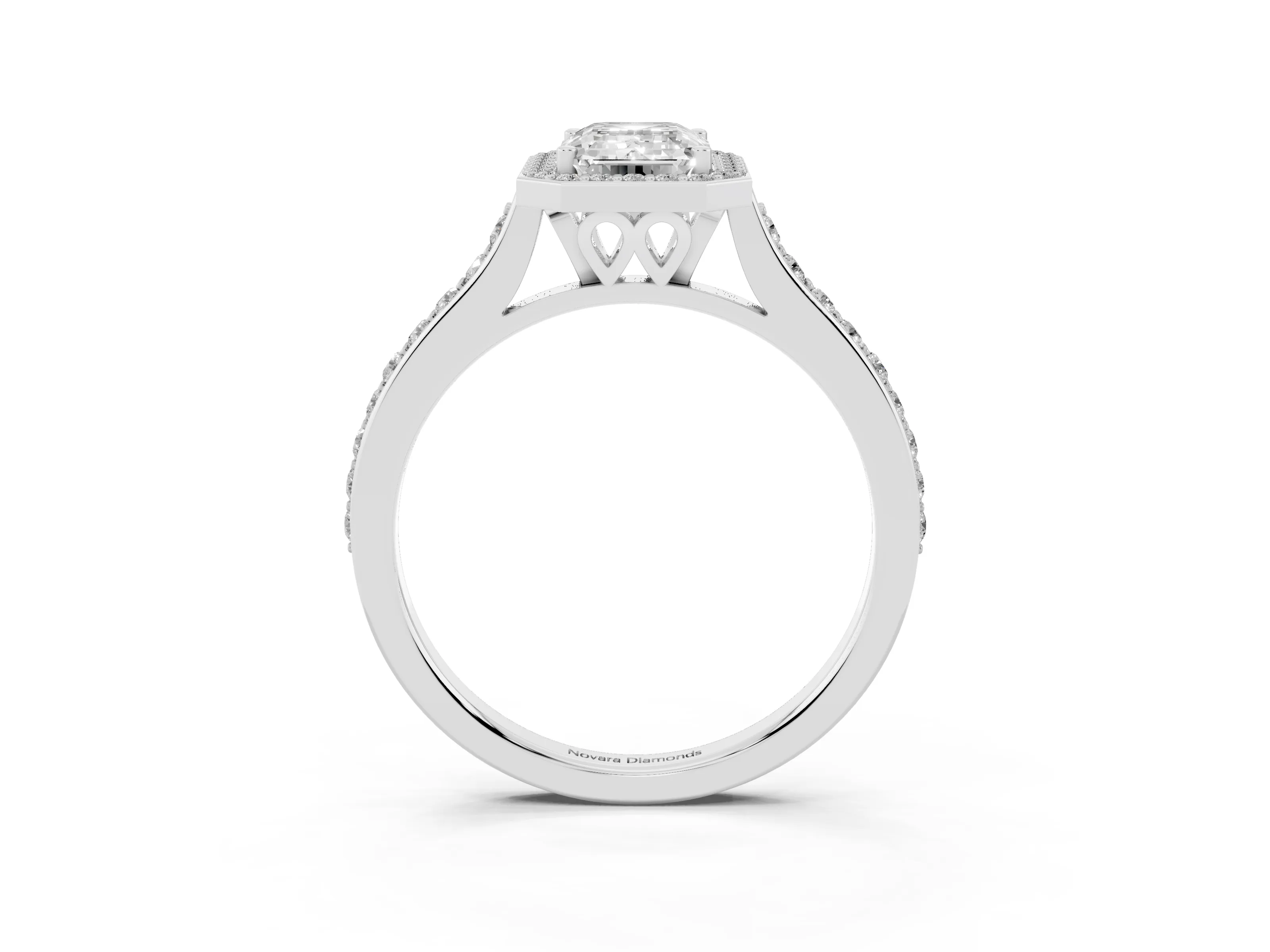 Emerald Cut Diamond Halo Engagement Ring Set in Platinum with Round Pavé Shoulders and Heart Gallery