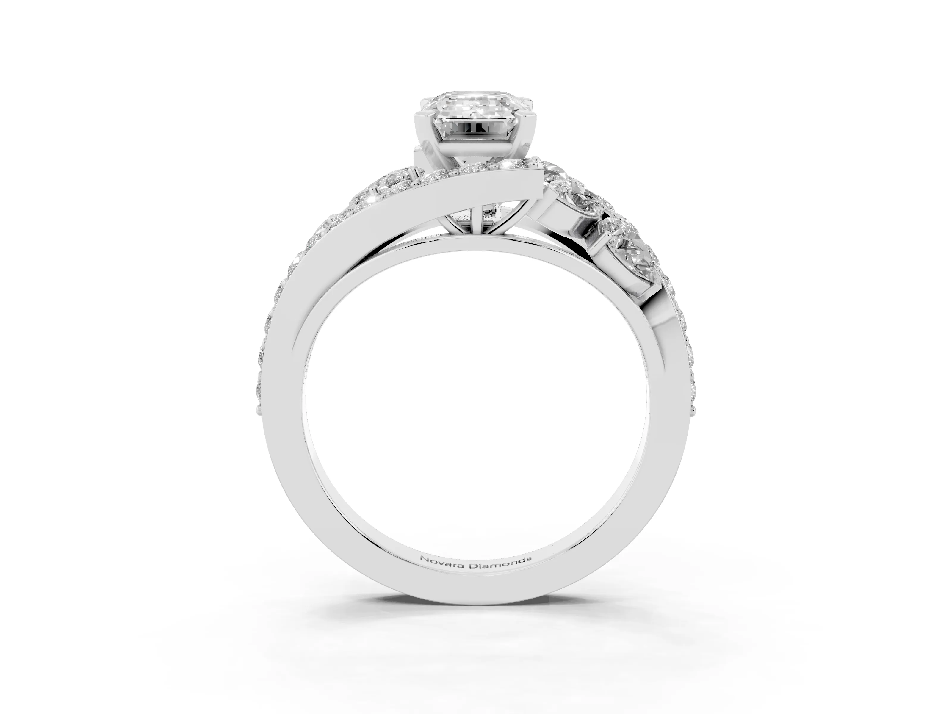 Emerald Cut Diamond Halo Ring Set in White gold with Marquise and Pavé Band in Prong Setting