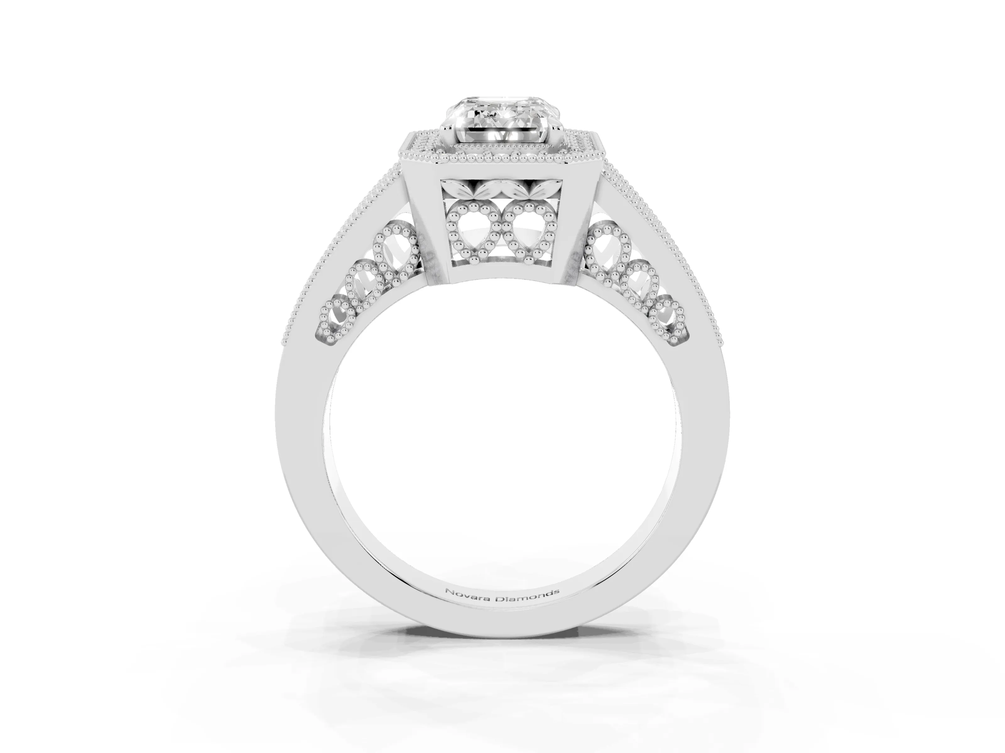 Emerald Cut Diamond Halo Ring Set in White gold with Stone-Set Split Shank and Milgrain Edges