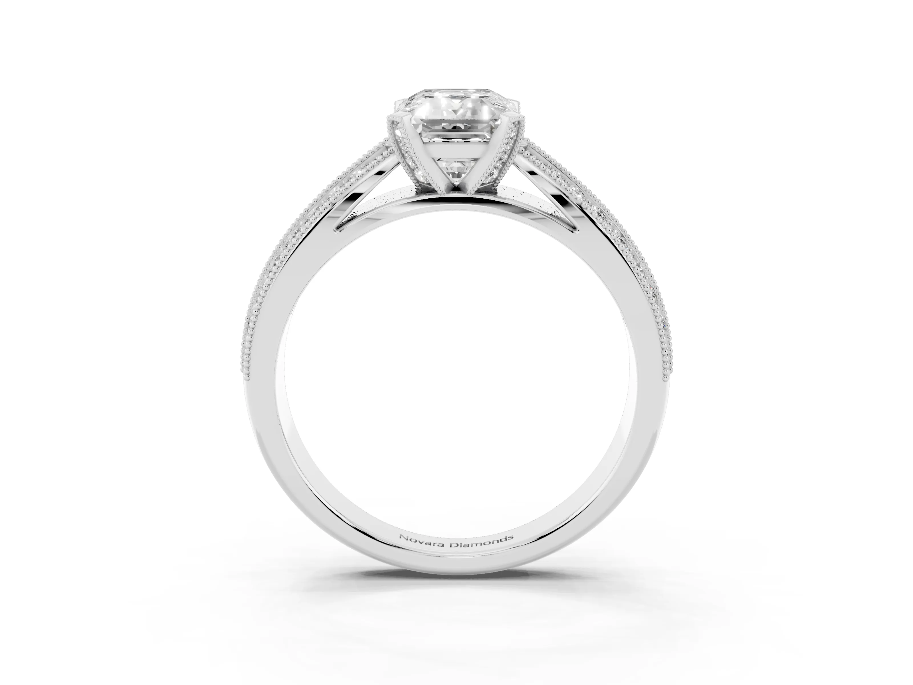 Emerald Cut Diamond Solitaire Ring Set in Platinum with Milgrain Double Row Round Pavé Band