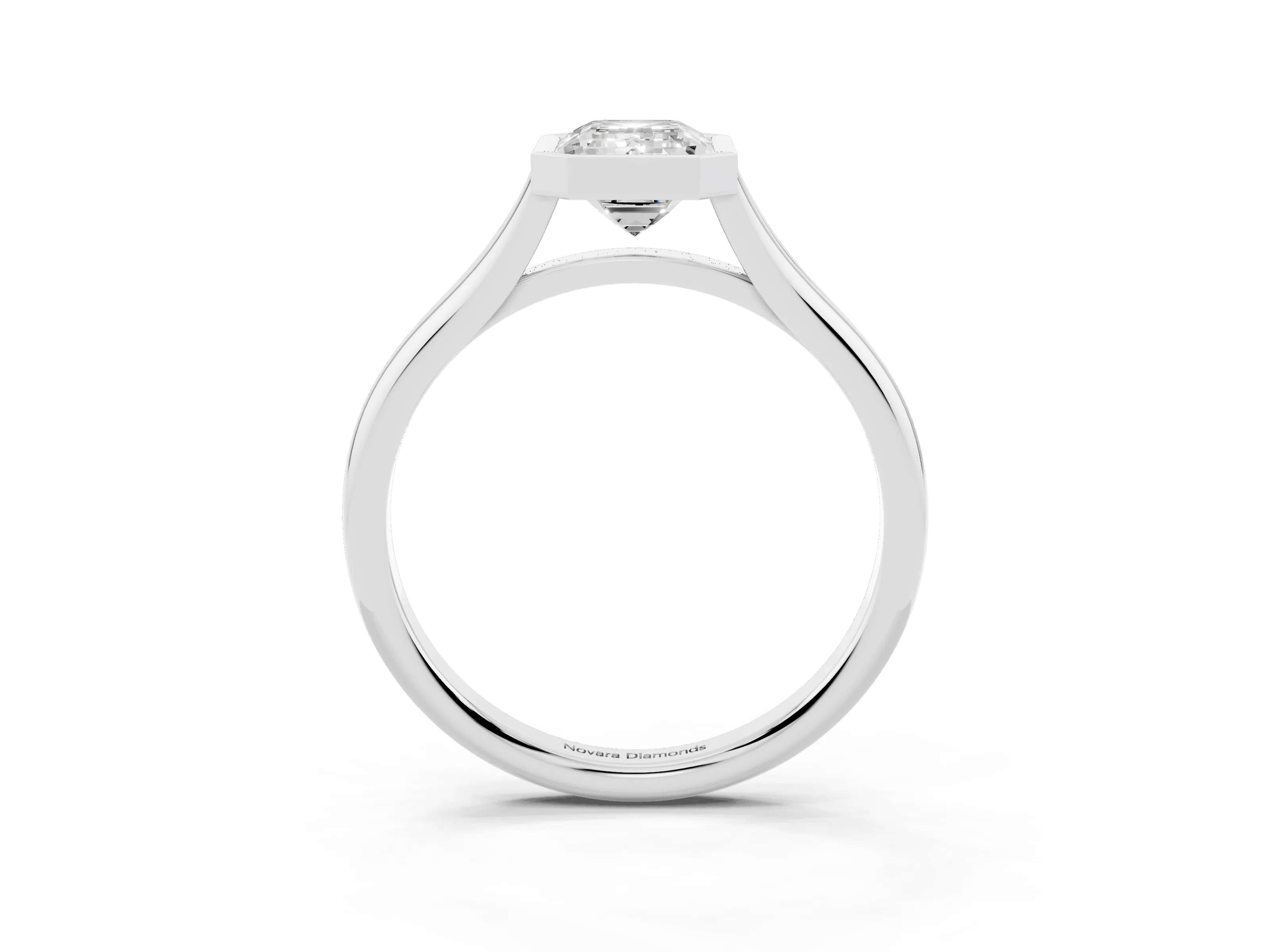 Bezel Set Emerald Cut Diamond Solitaire Ring Set in Platinum with Tapered Band