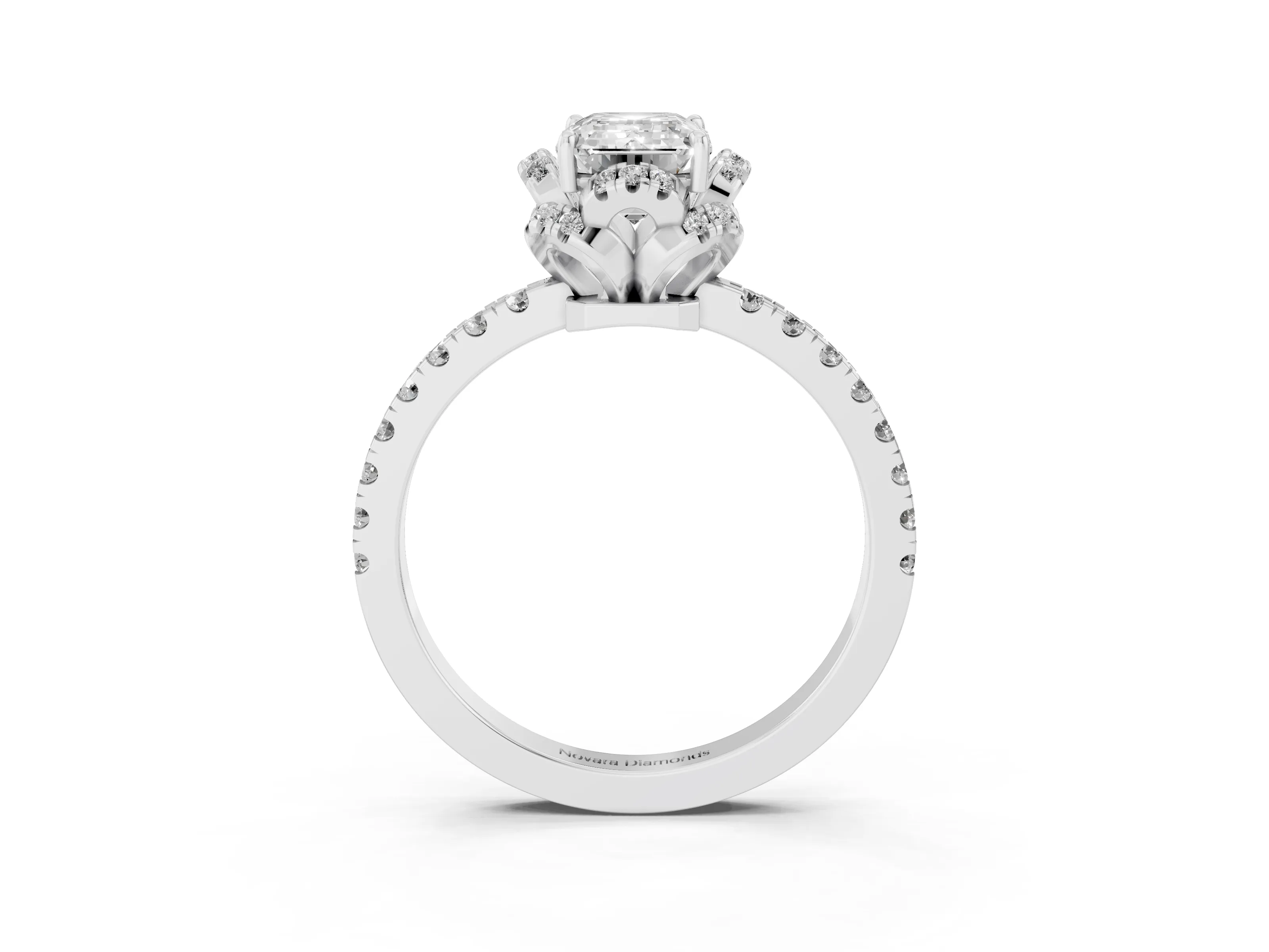 Emerald Cut Diamond Halo Pavé Band Ring Set in Platinum with Prong-Held Center