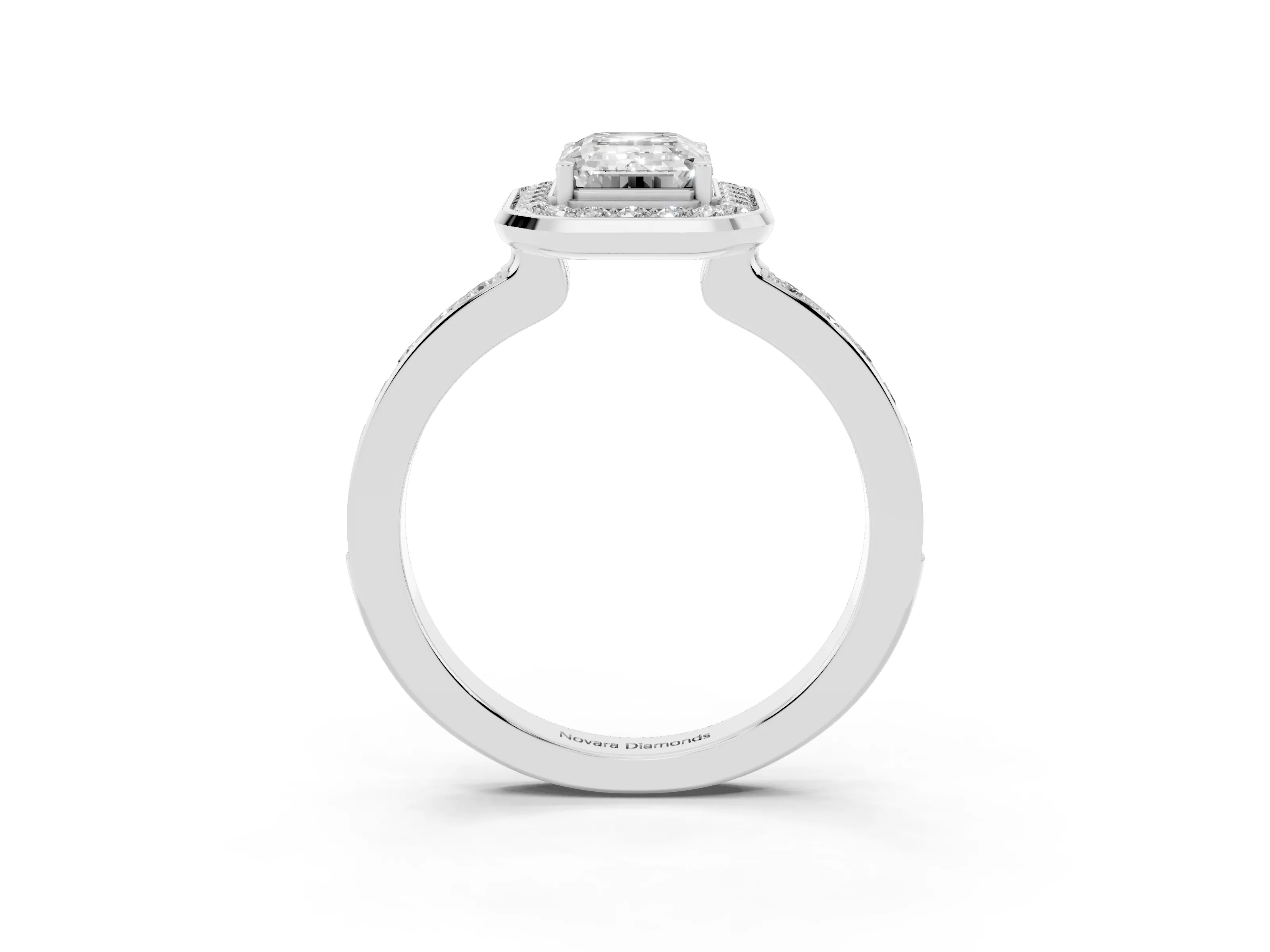 Emerald Cut Diamond Halo Ring Set in Silver with Bezel Frame and Pavé Band