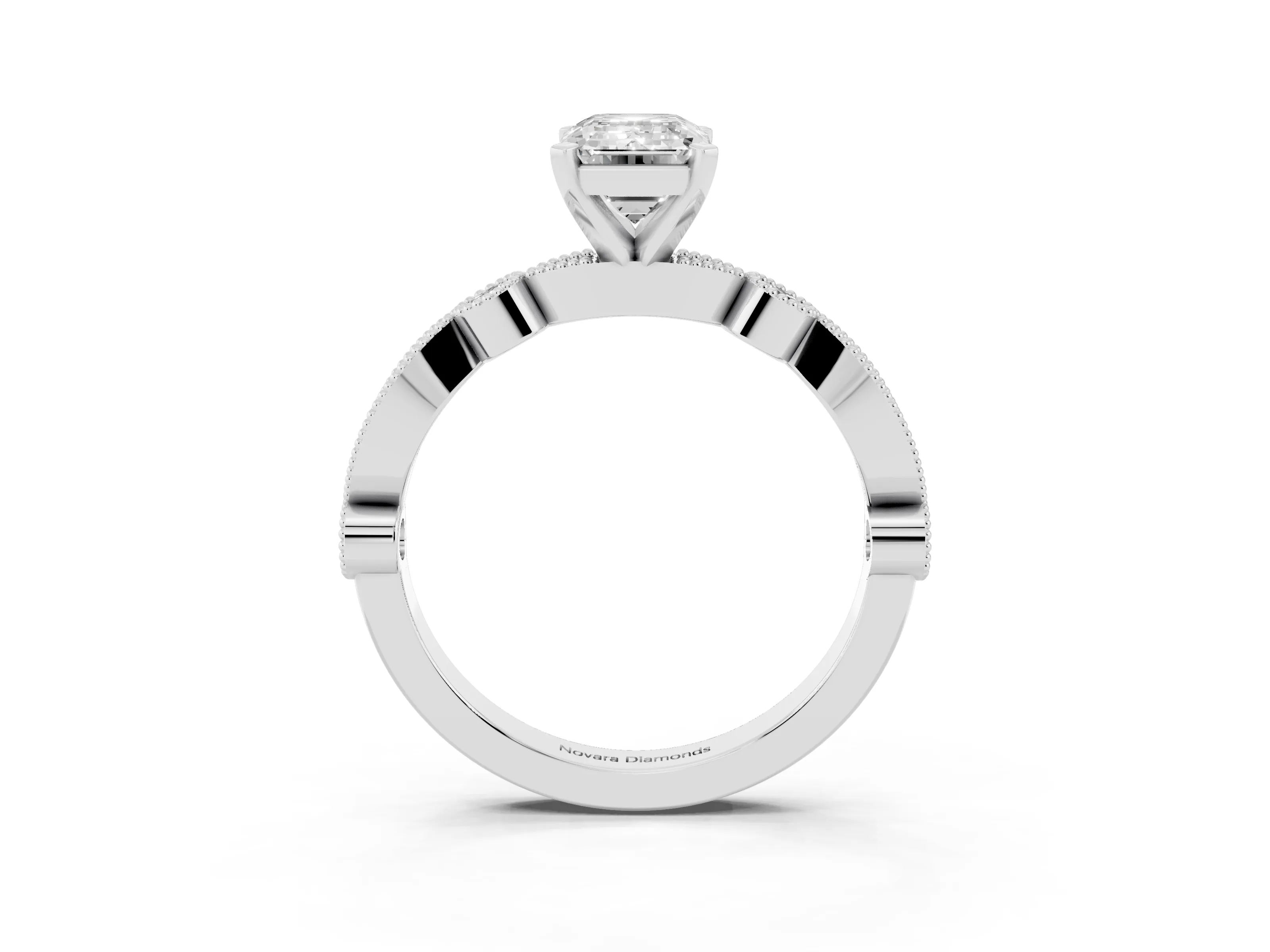 Emerald Cut Diamond Solitaire Engagement Ring Set in White gold with Milgrain Bezel Accent Band