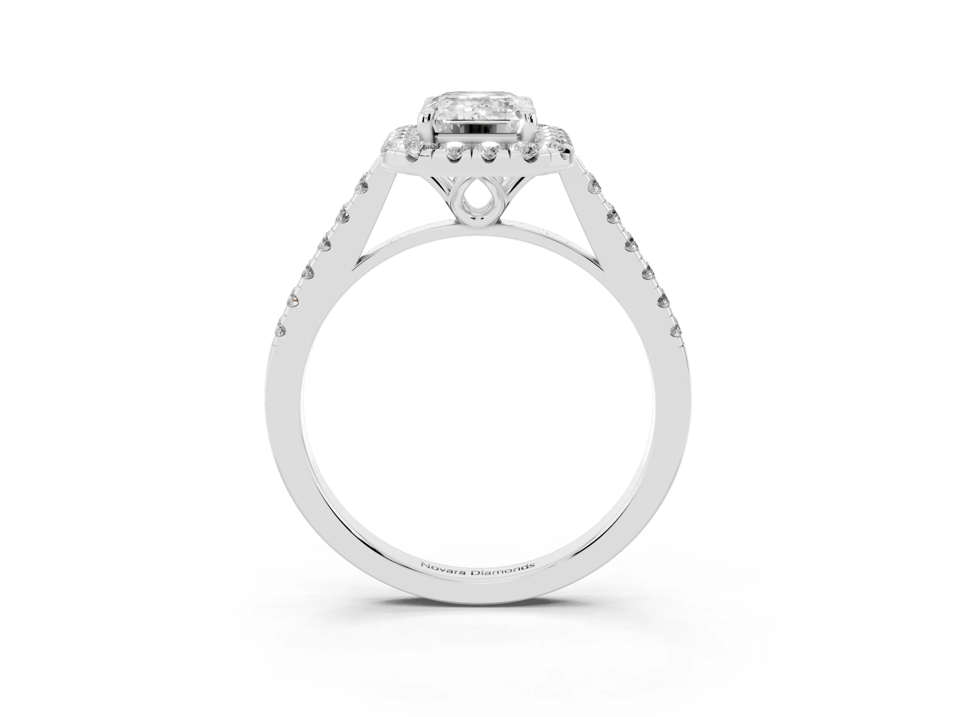 Emerald Cut Diamond Pavé Halo Engagement Ring Set in Silver with Pavé Band and Prong Setting