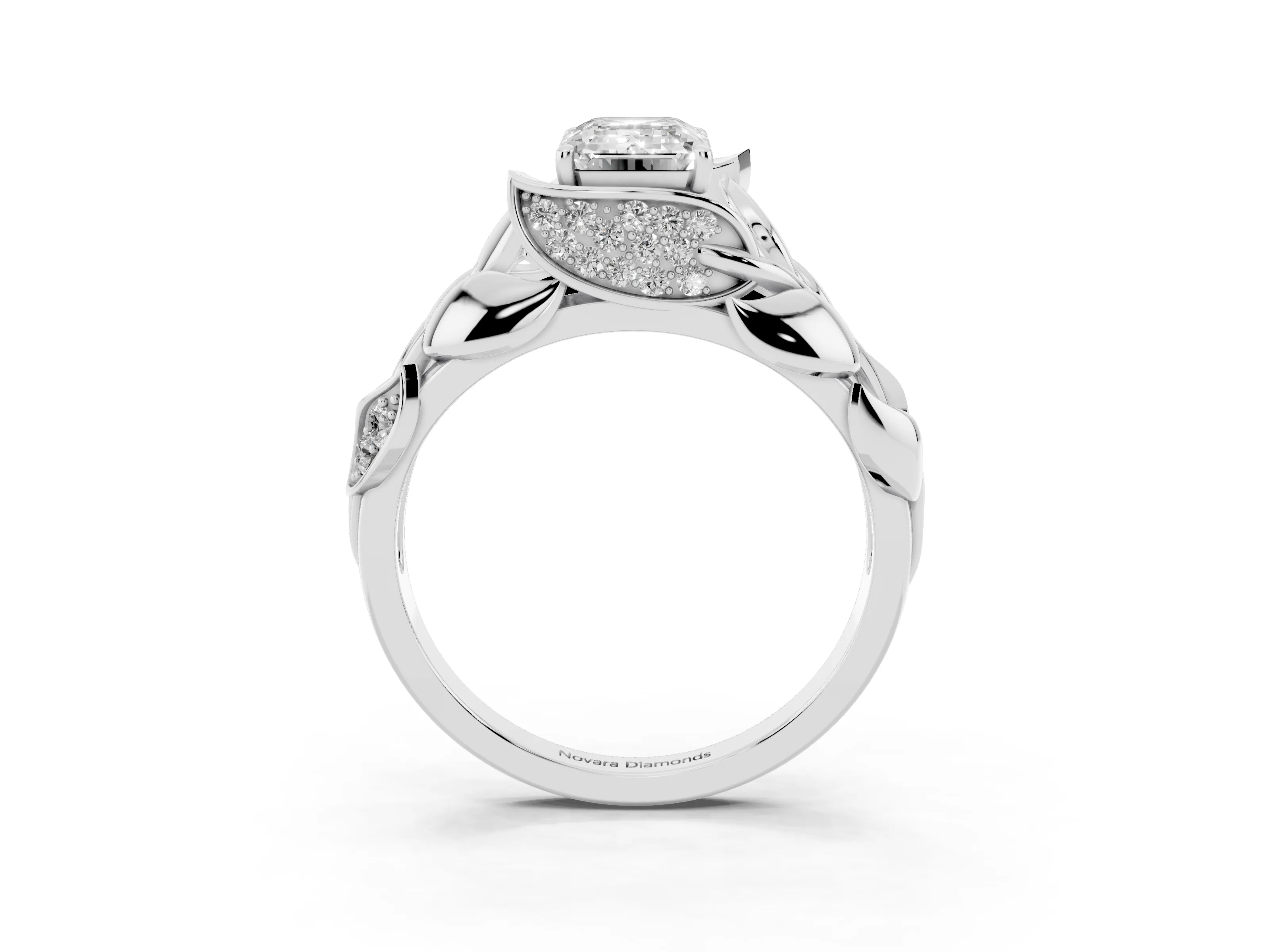 Emerald Cut Diamond Leaf-Inspired Engagement Ring Set in Silver with Round Accents