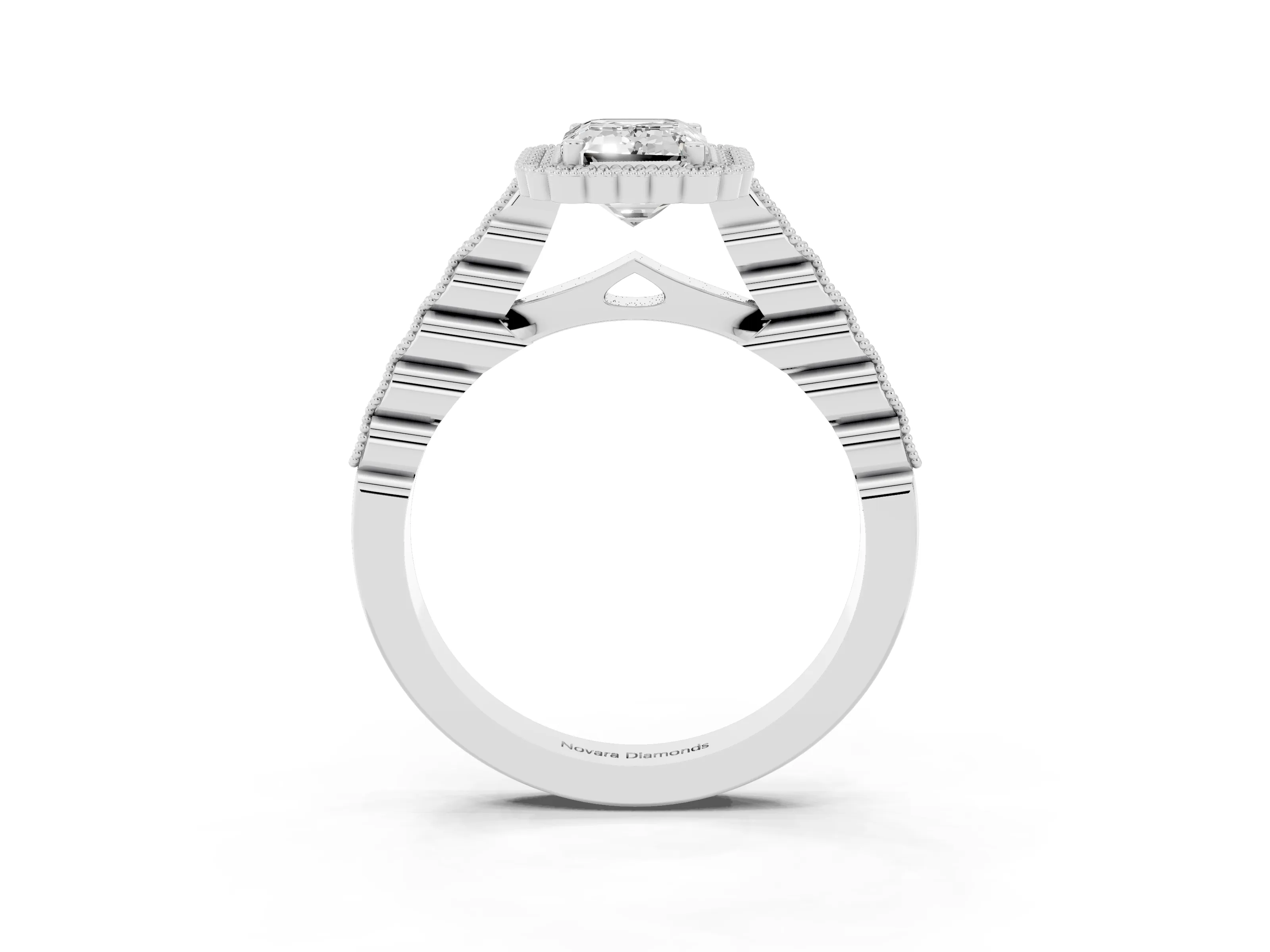 Emerald Cut Diamond Halo Ring Set in White gold with Pavé Milgrain Band