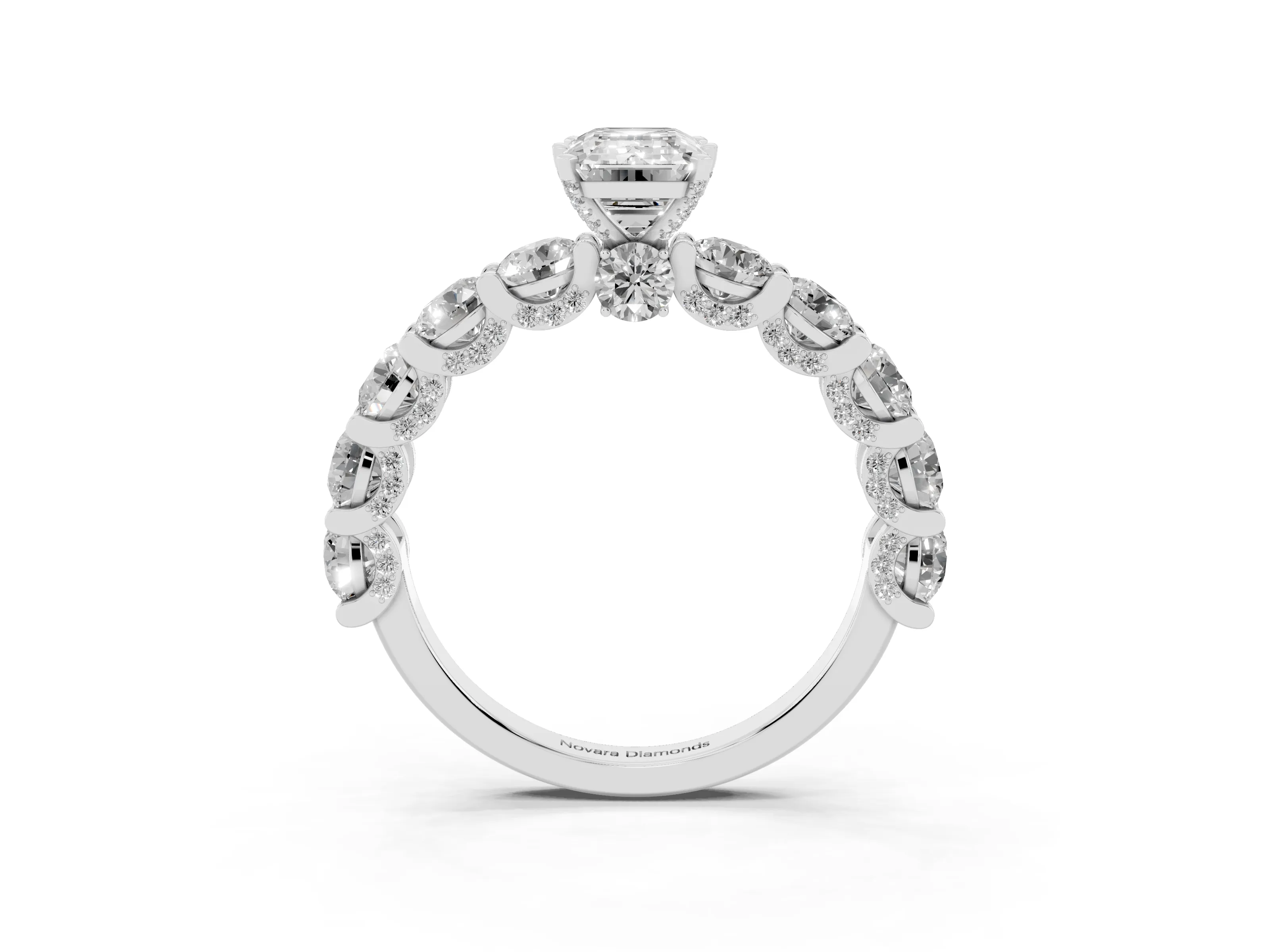 Emerald Cut Diamond Side Stone Ring Set in Silver with Alternating Round and Oval Side Stones
