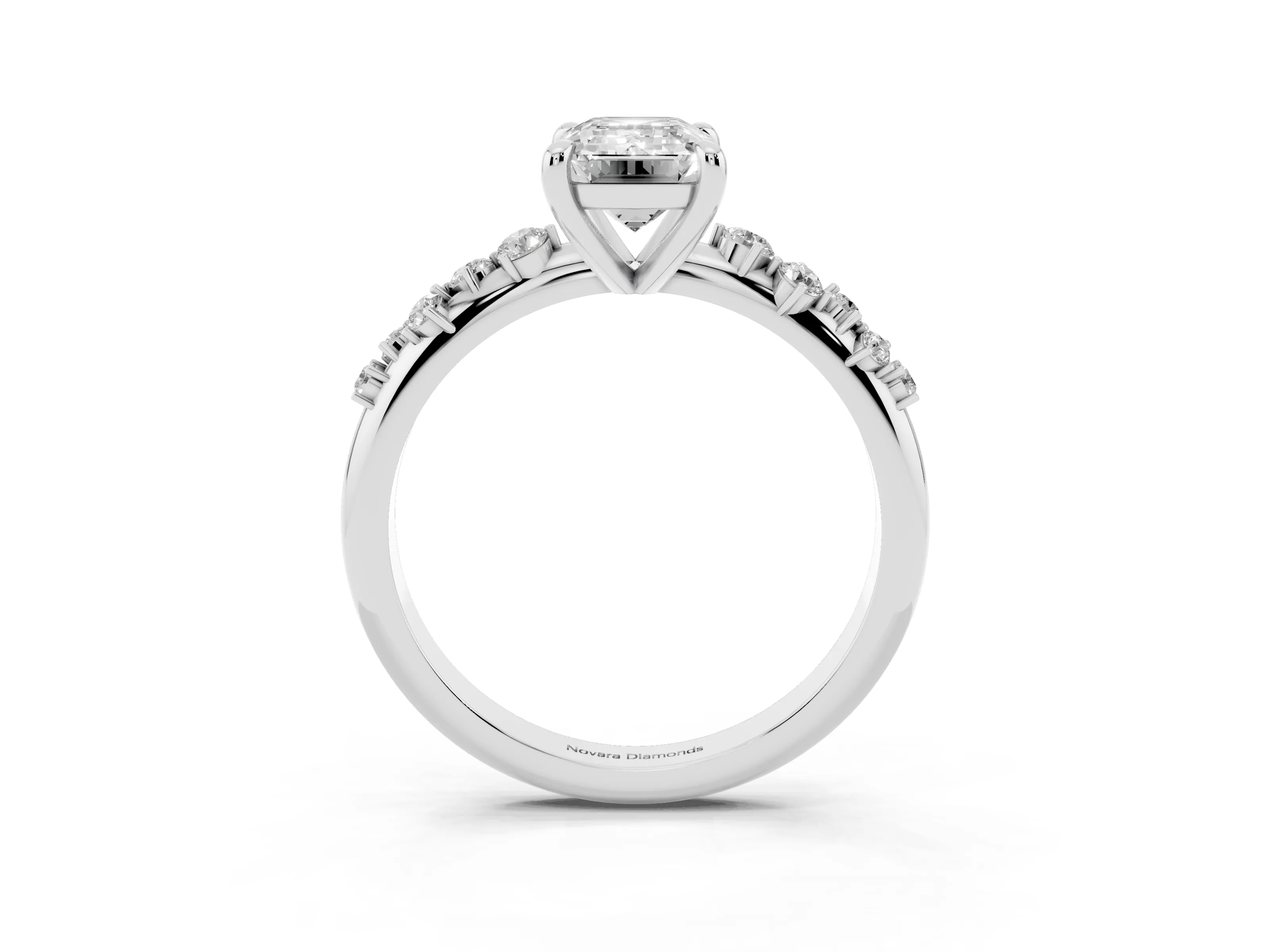 Emerald Cut Diamond Solitaire Vine Band Ring Set in White gold with Round Accents and Prong Setting