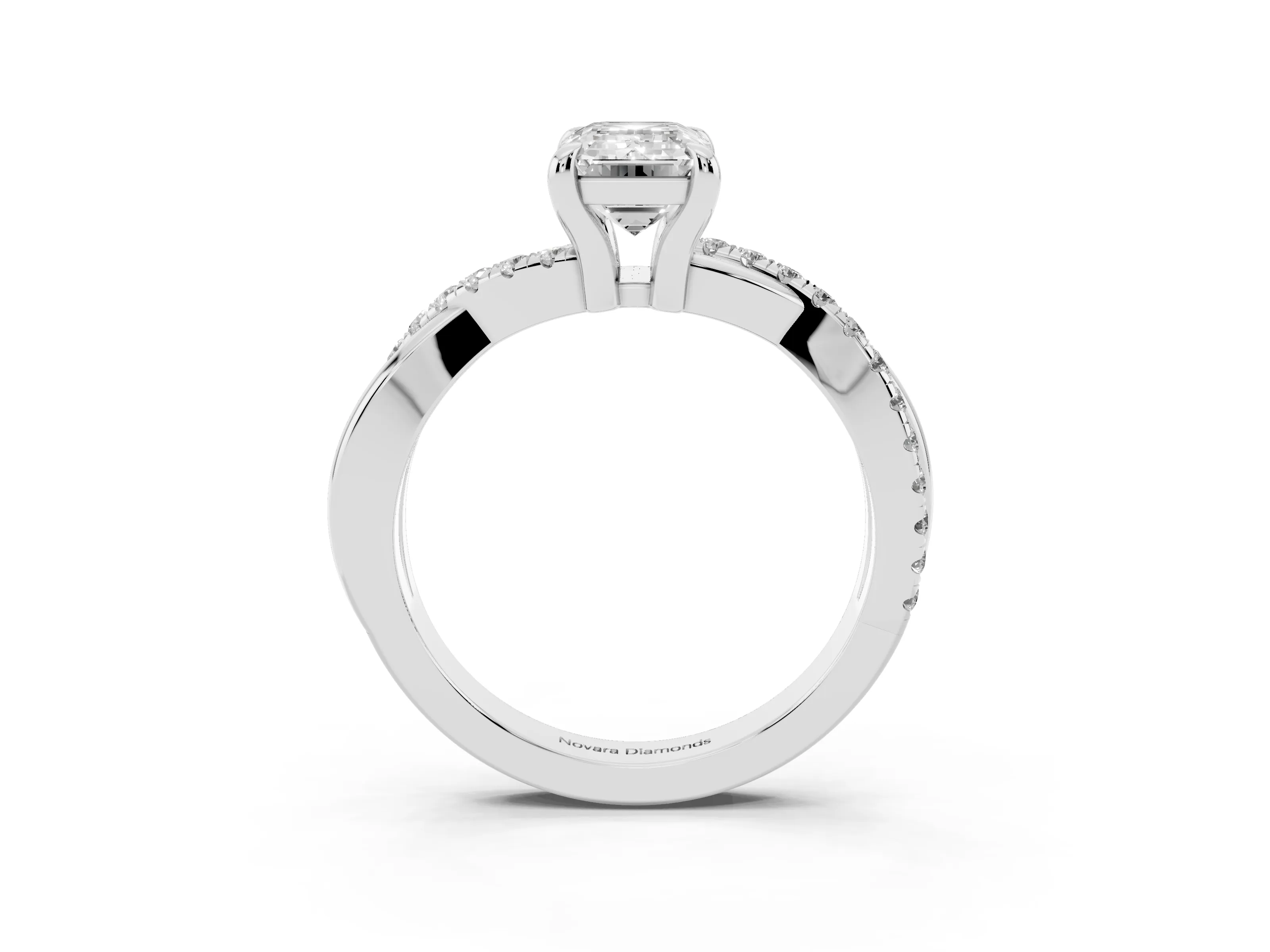 Emerald Cut Diamond Twist Band Pavé Solitaire Ring Set in Silver with Prong Setting