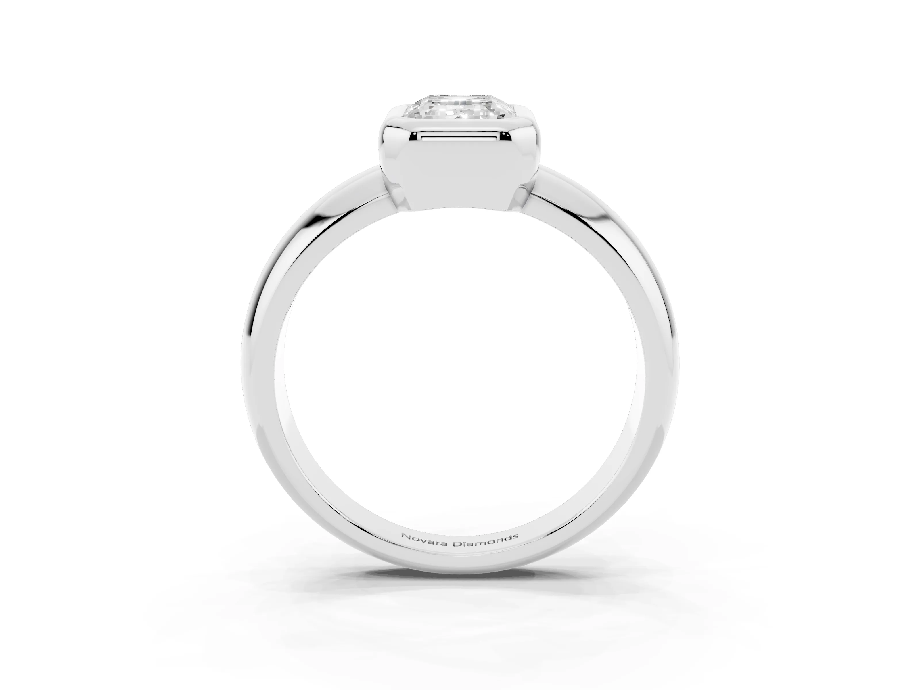 Bezel Set Emerald Cut Diamond Solitaire Ring Set in White gold with Wide Band