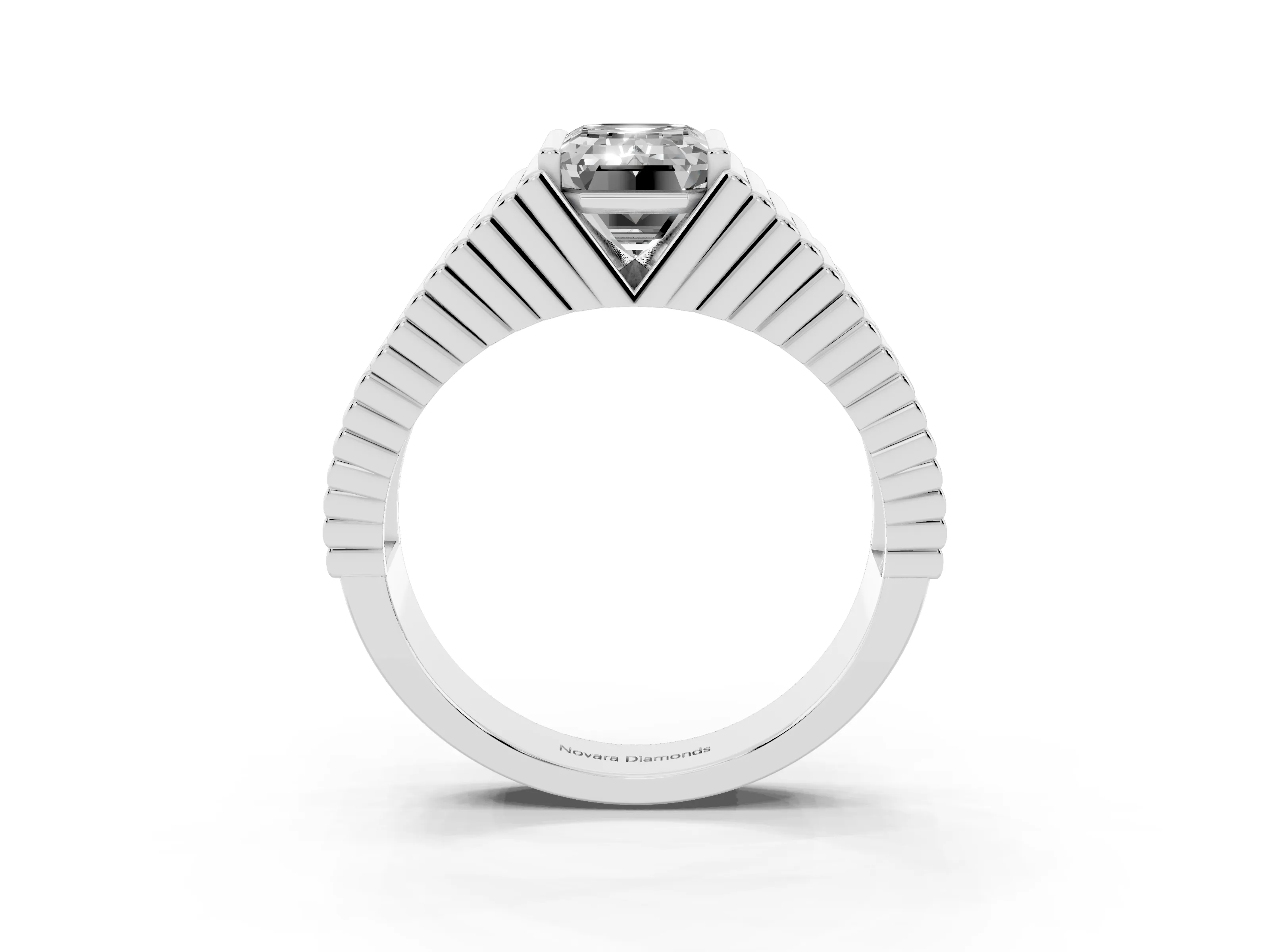 Emerald Cut Diamond Mens Ring Set in Silver with Fluted Band
