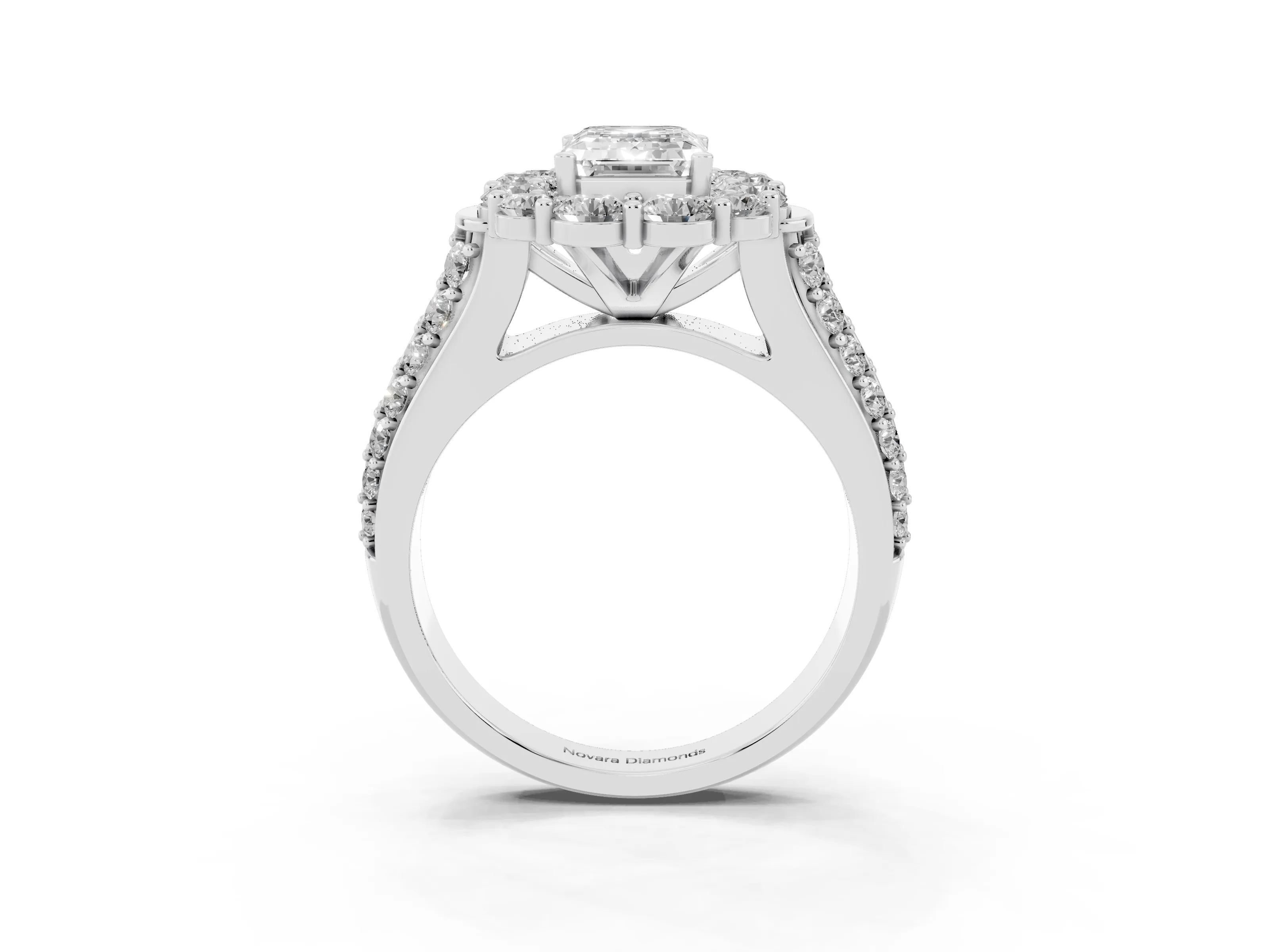 Emerald Cut Diamond Halo Engagement Ring Set in Platinum with Split Shank and Prong Setting