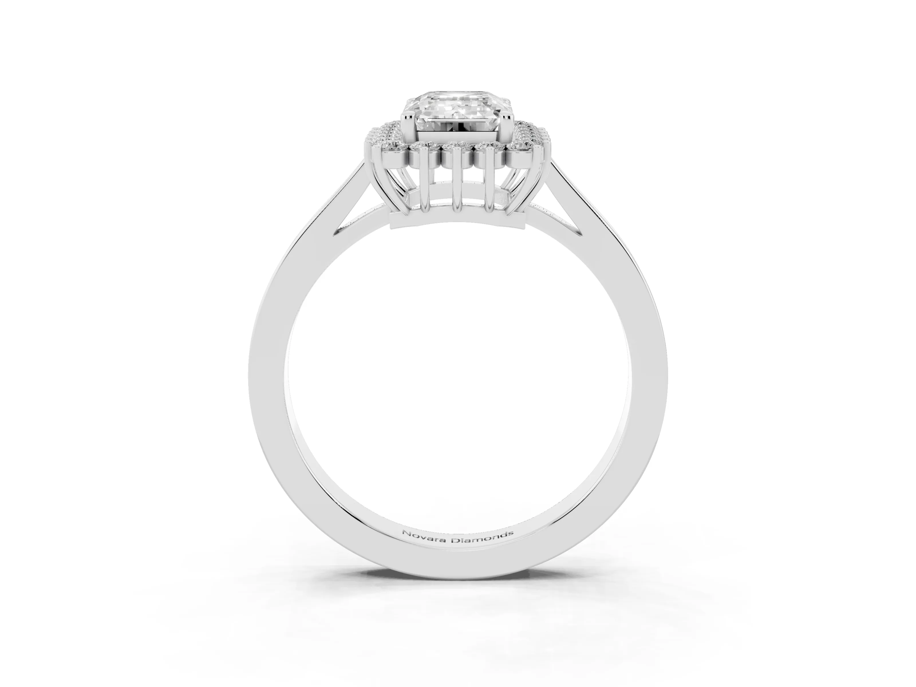 Emerald Cut Diamond Halo Ring Set in White gold with Round Halo and Smooth Solitaire Band